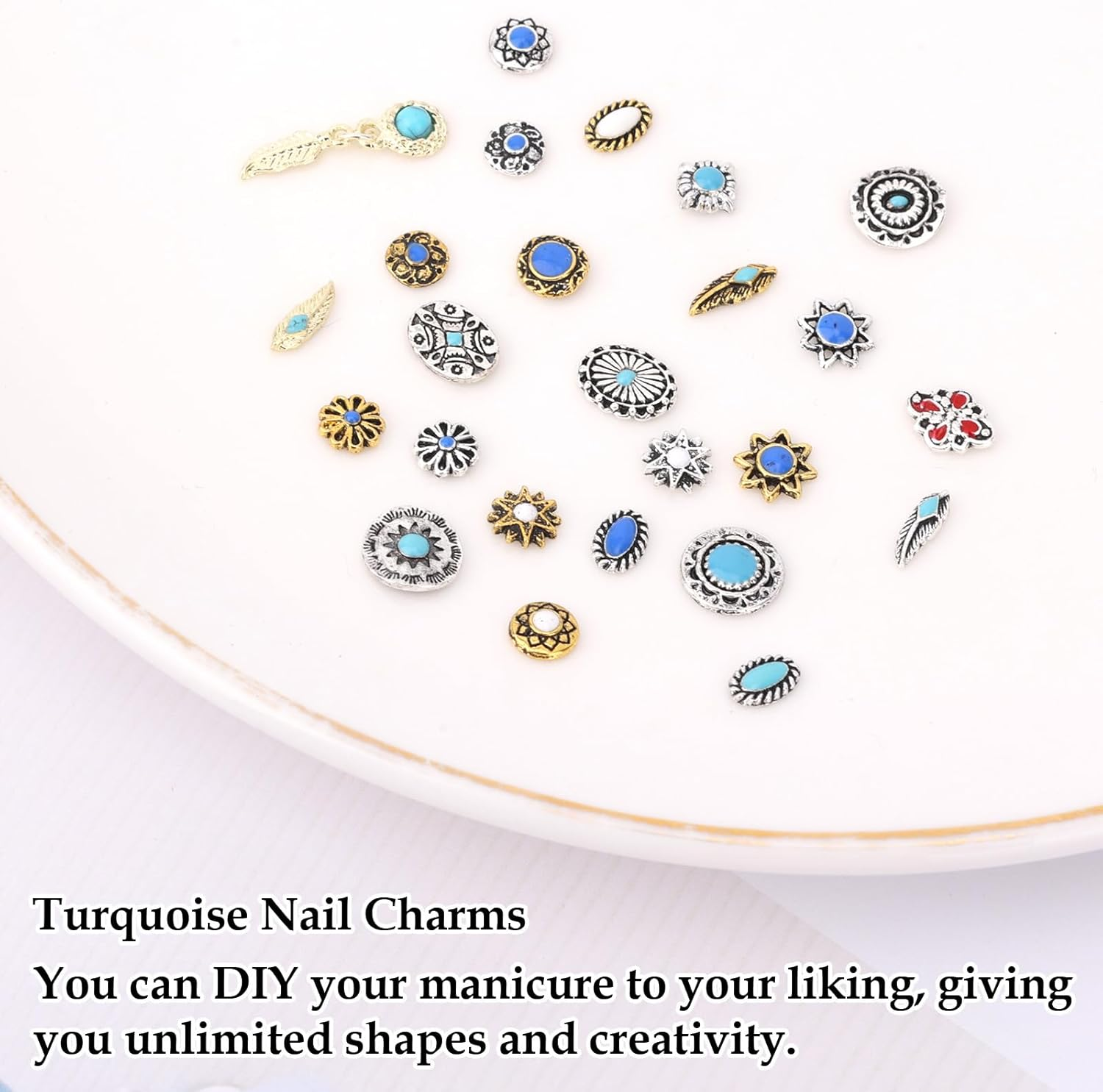 50Pcs Stylish Western Turquoise Nail Charms, Retro Metal Cowboy Nail Gems Mixed Shapes DIY Manicure Accessories for Gel & Acrylic Fingernails image number 2