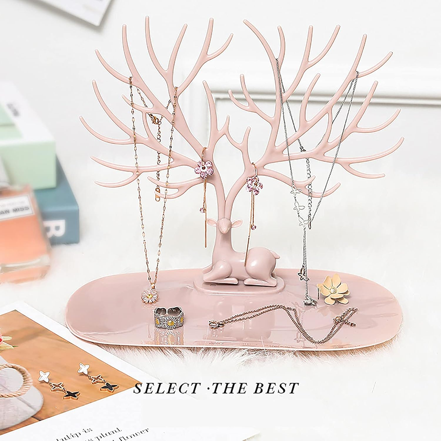 YCYUYK Jewelry Display Stand Hanging Organizer Table Top Necklace Holder Bracelet Ring Holder Trinket Tray Tree Stand Pink - Color-1 image number 6