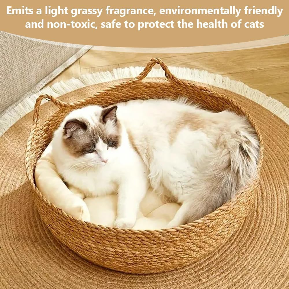 Handmade Woven Straw Cat Bed, Natural Cattail Leaf Nest with Soft Removable Cushion, round Basket Pet House for Cats, Kittens, Small Dogs and Rabbits image number 5
