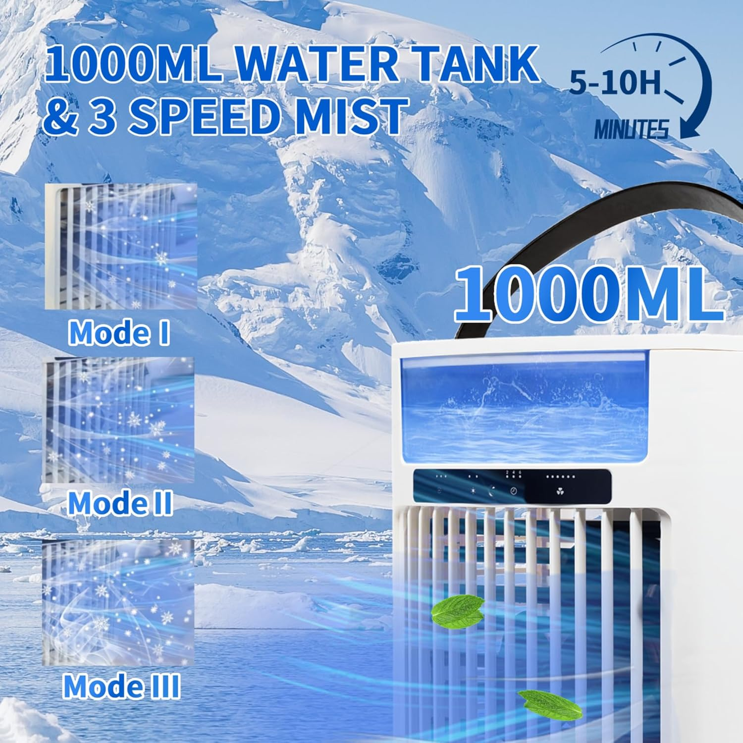 Portable Air Conditioner, 4 in 1 Air Cooler 1000ML Water Tank, Personal Fan 5 Speeds & 3 Spray Modes Timing Evaporative Air Cooler, 7 Color Night Light, Desk Cooling Fan for Bedroom Office Living Room - White image number 6