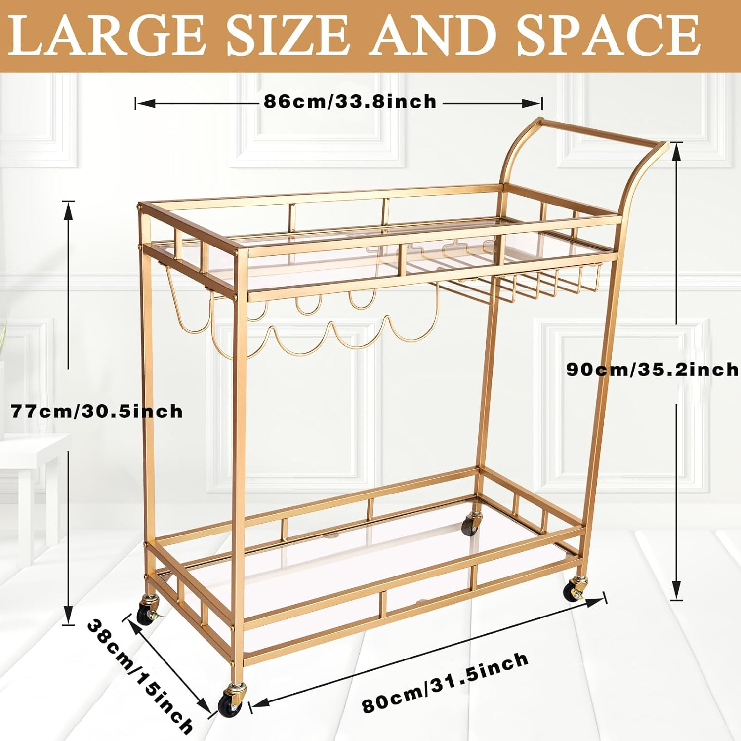 Bar Cart, Serving Cart for Home, Microwave Stand, Drink Trolley, Mobile Kitchen Shelf with Wine Rack and Glass Holder, Rolling Beverage Station for Kitchen, Dining Room, and Parties image number 2
