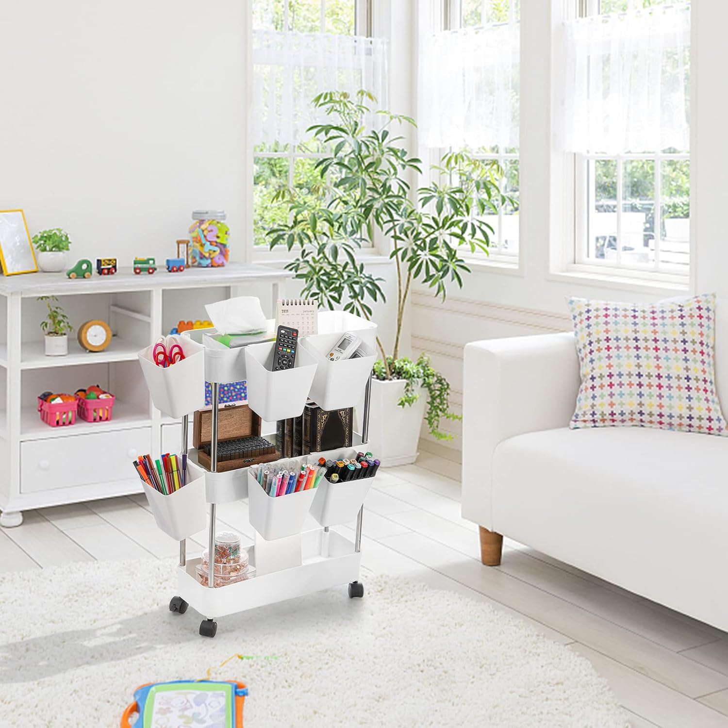 ZEAYEA 12 Pack Hanging Cup Holder, Utility Rolling Cart Accessories, Hanging Pencil Holder, Space Saving Hanging Storage Container Bucket for Organize Home Kitchen Office Craft Supply image number 3