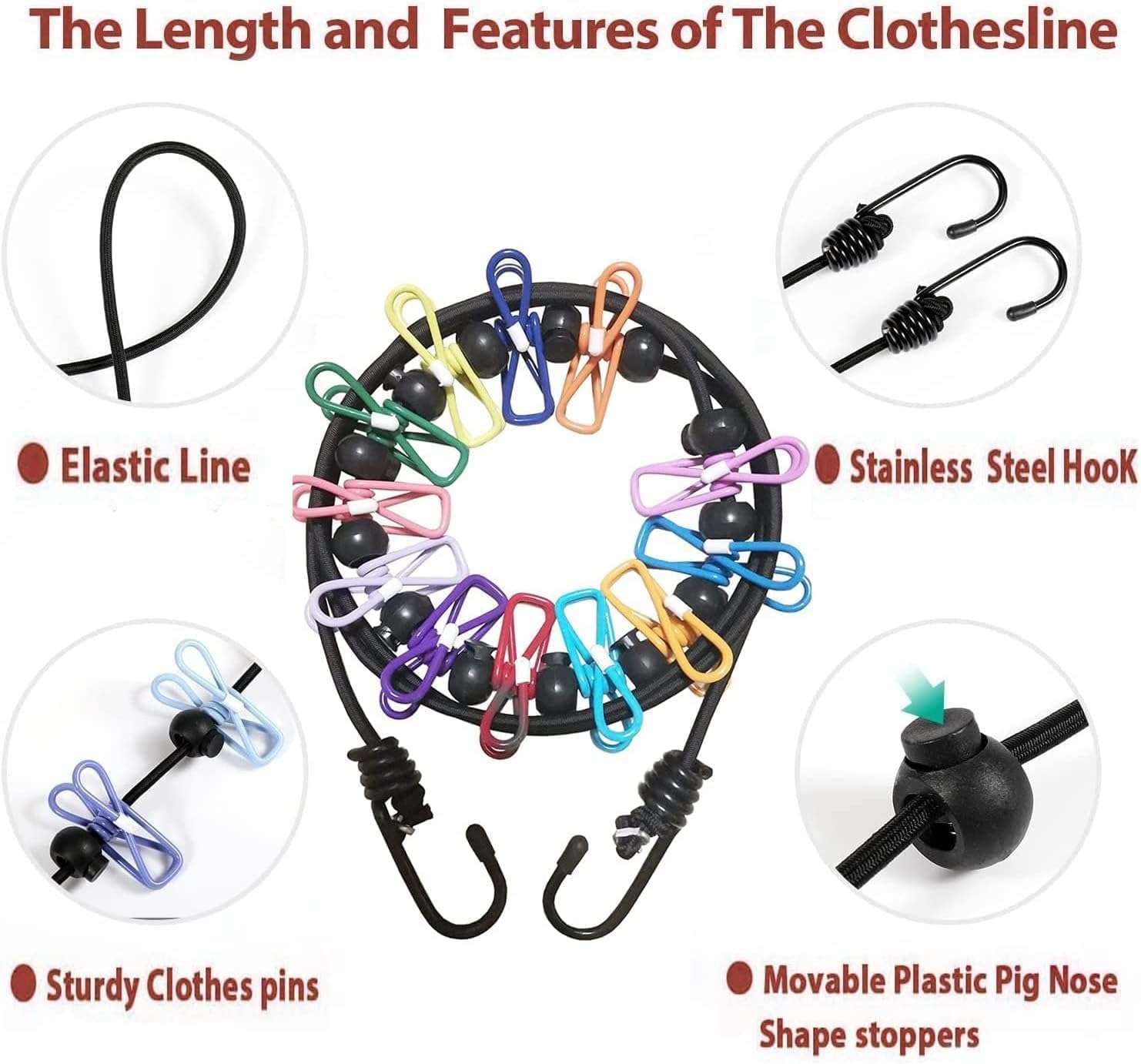 Walquicks 2 Pcs Retractable Portable Travel Clothesline, Non-Slip Retractable Adjustable Color Clothesline Line with 12 Clothes Clips, for Indoor Laundry Drying Line, Outdoor Camping Accessories