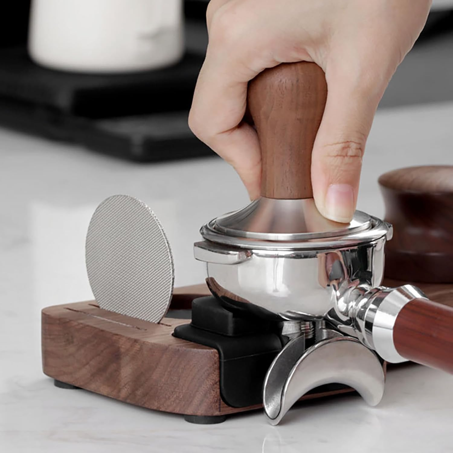 Joyeee Wooden Espresso Tamping Station, Portafilter Tamping Stand Espresso Coffee Organizer Box Fit for Storage 51, 53, 58MM Espresso Tamper Mat Portafilter Holder, (Accessories Not Included) image number 2