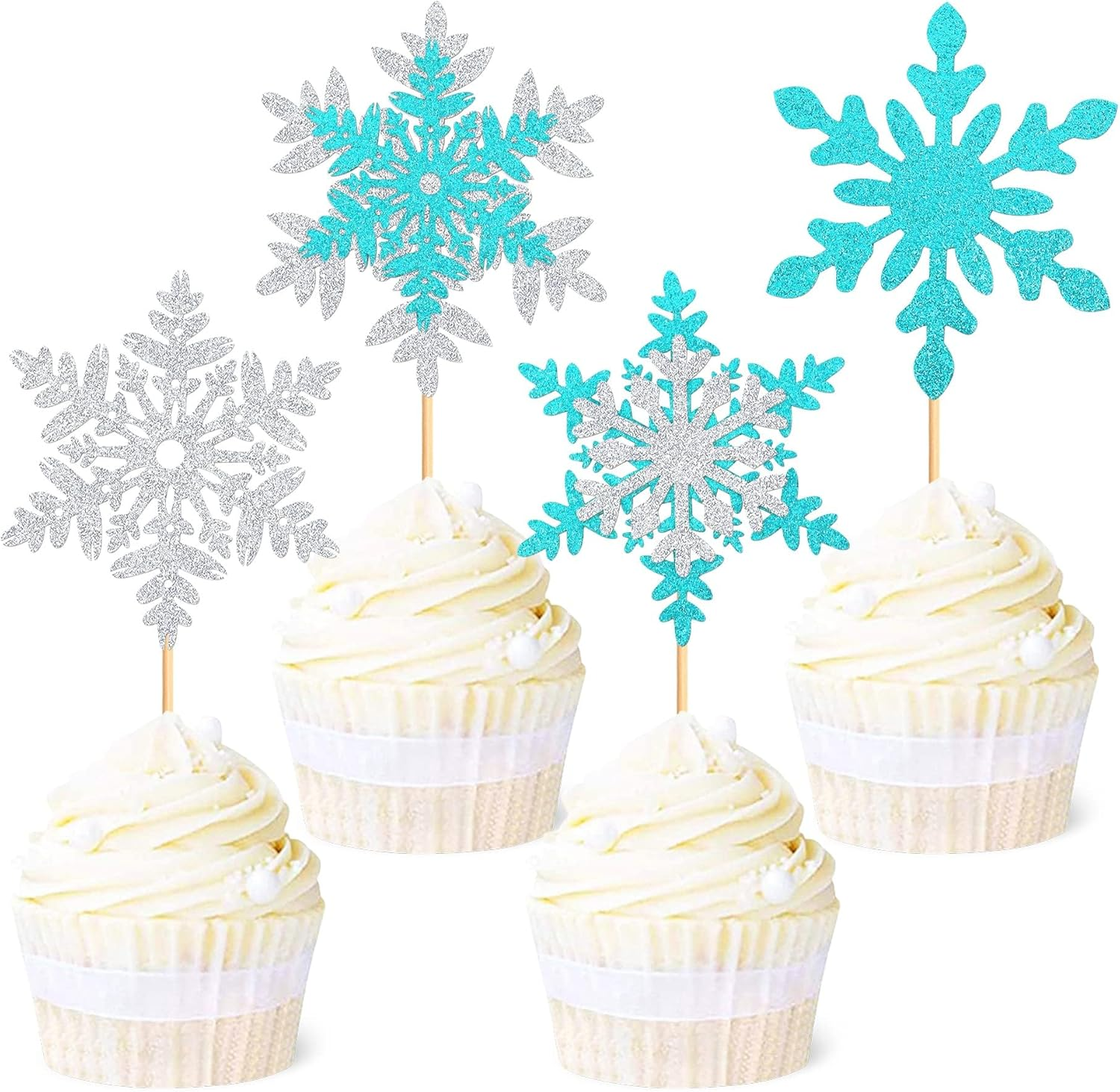 24Pcs Snowflake Cupcake Toppers Glitter Winter Little Snowflake Cupcake Picks for Winter Wonderland Themed Baby Shower Kids Birthday Christmas Party Cake Decorations Supplies - Pink