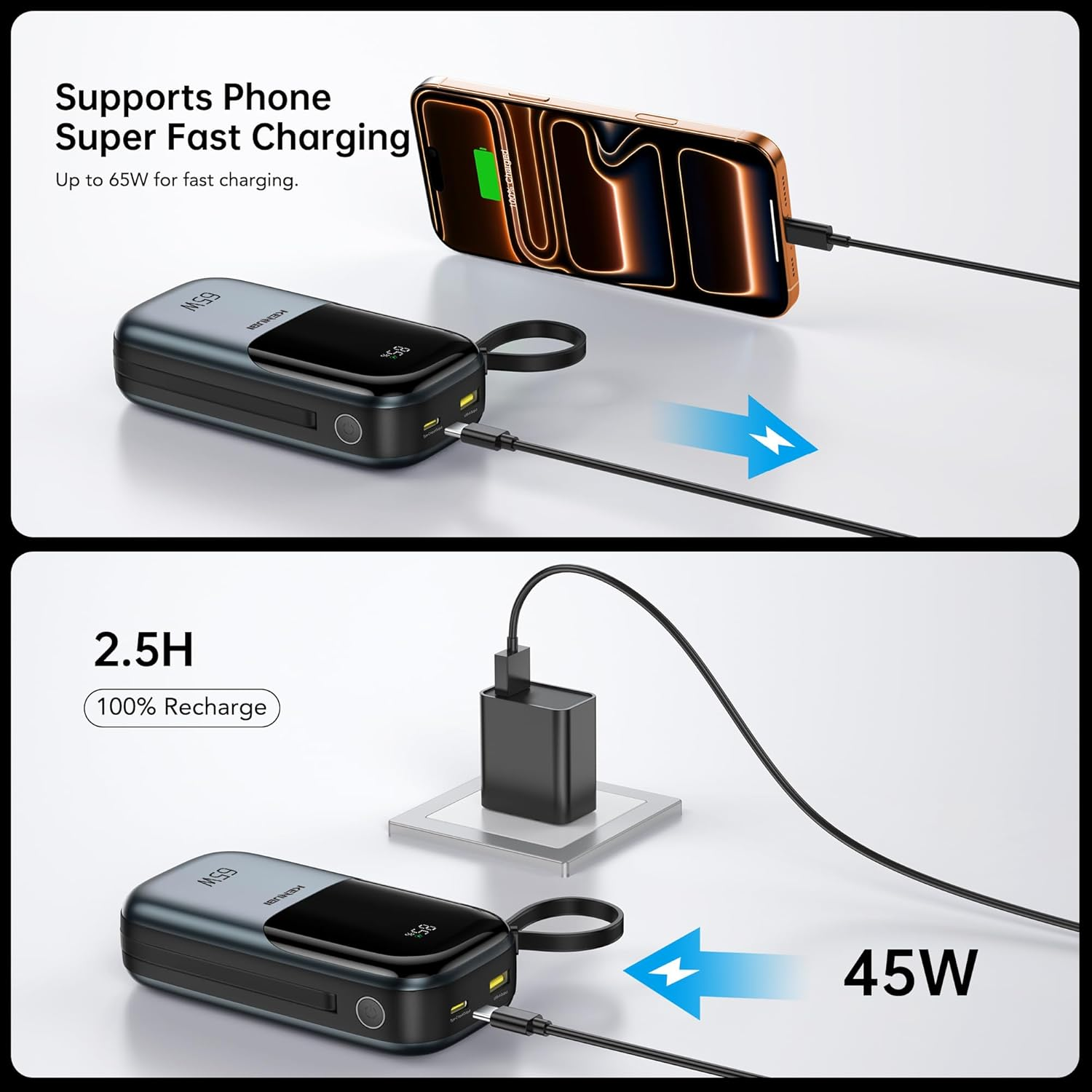 2025 Latest Portable Charger with Built in Cables, 20000Mah 65W Compact USB C Laptop Power Bank Fast Charging Travel Essentials Battery Pack for Macbook Dell Ipad Steam Deck Iphone 17 16 Samsung S24 image number 3