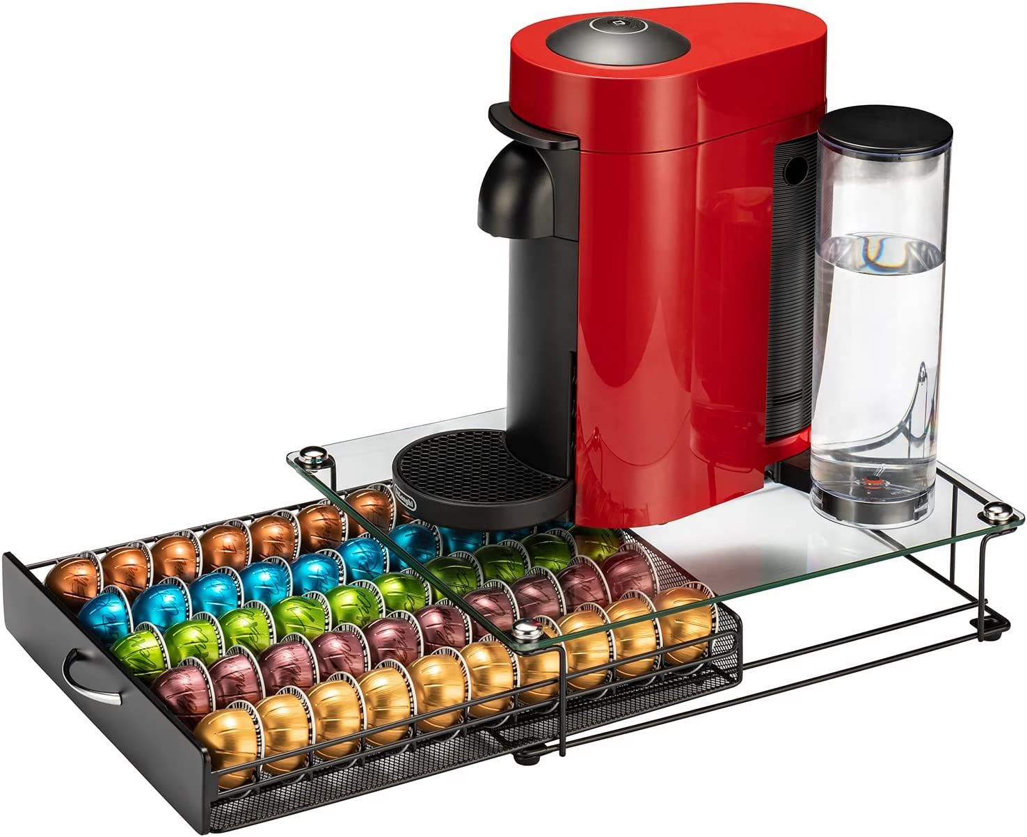 Rice Rat Coffee Vertuo Capsule Holder Drawer for Nespresso with Glass for Cabinet Vertuoline Pod Storage Rack for Counter (Class-50 Pods（With Handle）)