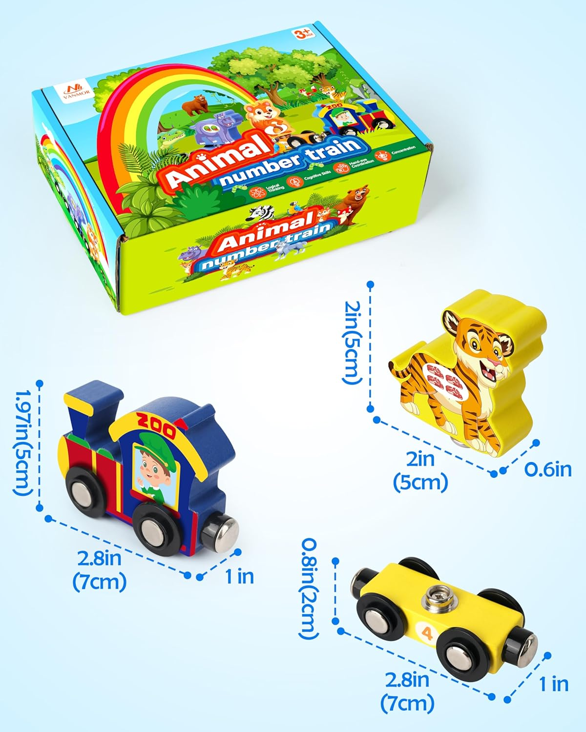 Vanmor Wooden Train Set with Animal Toys, Snap-Connection Animal Train, Matching and Magnetic Number Trains Learning Toys, Fine Motor Skill Educational Toy Gift Aged 3 4 5 Years Old Kids image number 6