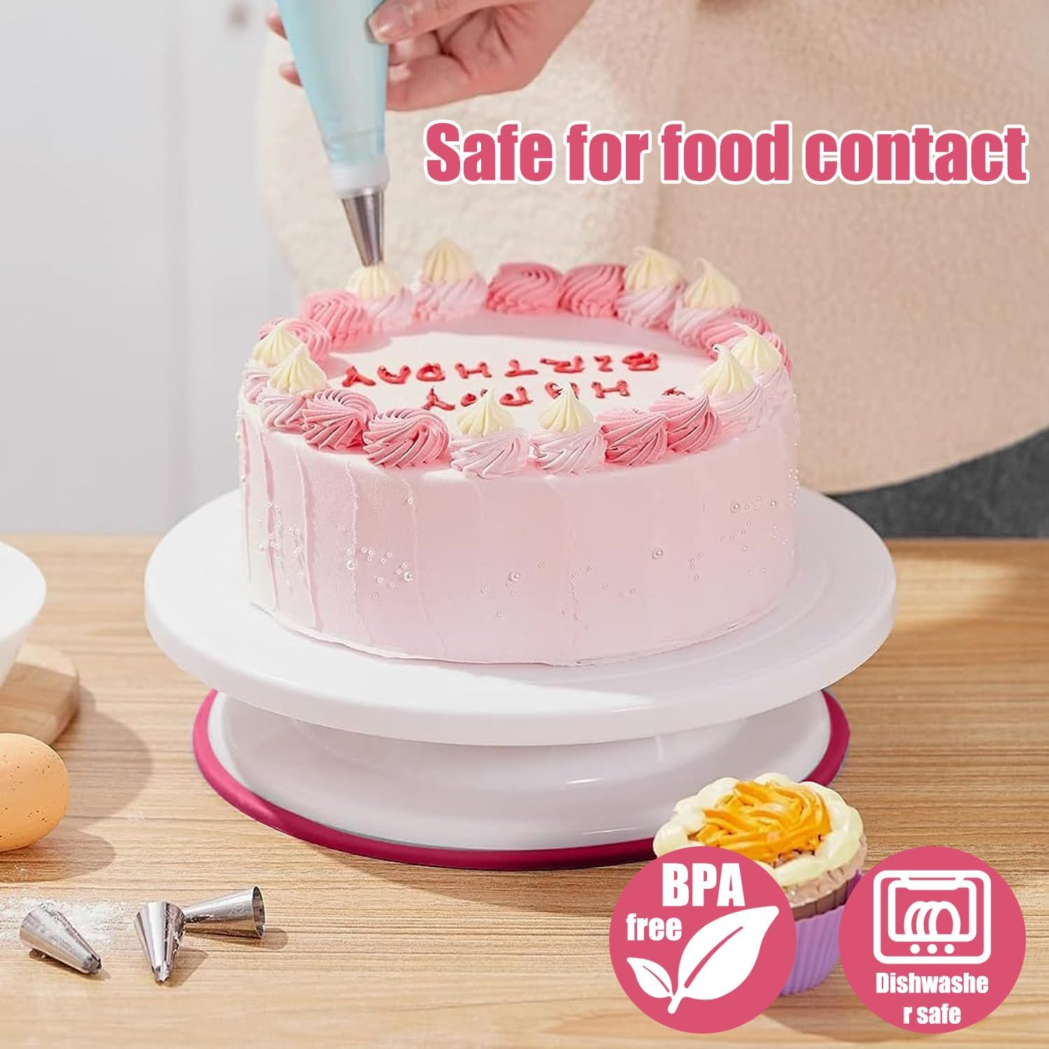 Cake Stand, 11 Inch Rotating Cake Turntable with 2 Icing Spatula and 3 Icing Smoother, Cake Decorating Supplies Kit for Beginners Set of 6 (Pink) image number 4