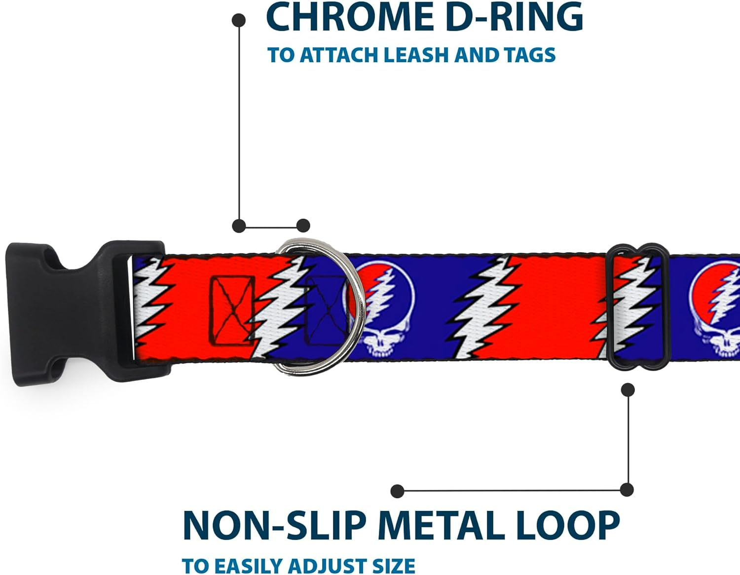 Dog Collar Plastic Clip Steal Your Face Lightning Bolt Repeat Red White Blue 15 to 26 Inches 1.0 Inch Wide image number 1