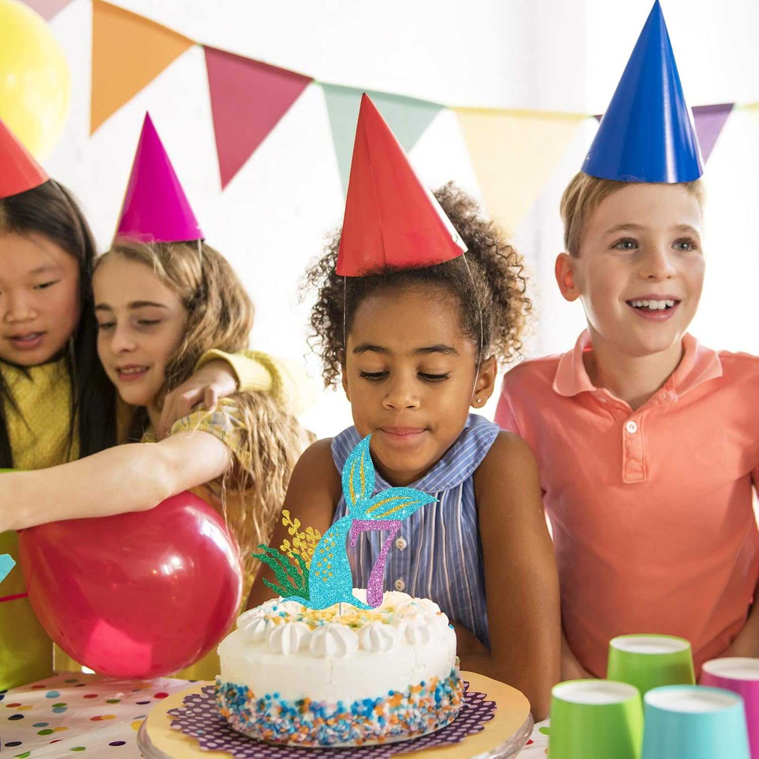 Mermaid Seven Cake Topper, Happy 7Th Birthday Cake Decor, I'M Seven Sign, Little Mermaid Birthday Party Decoration Supplies, Daughter of the Sea, under the Sea Themed, Ocean Themed - Glitter image number 1