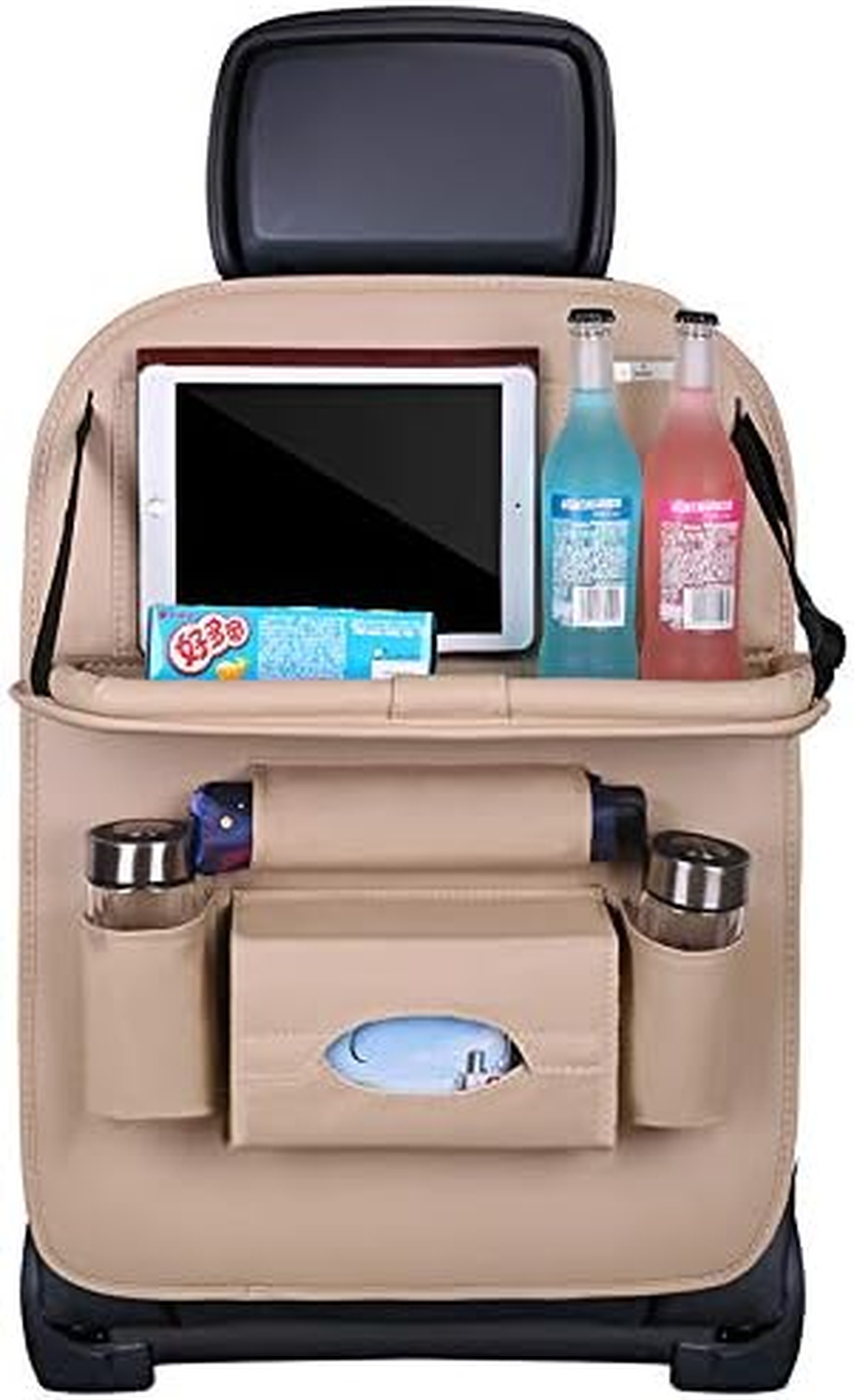 Premium PU Leather Backseat Seat Organizer with Foldable Table, Multi-Storage Pockets and Adjustable Buckle Strap - Beige image number 3