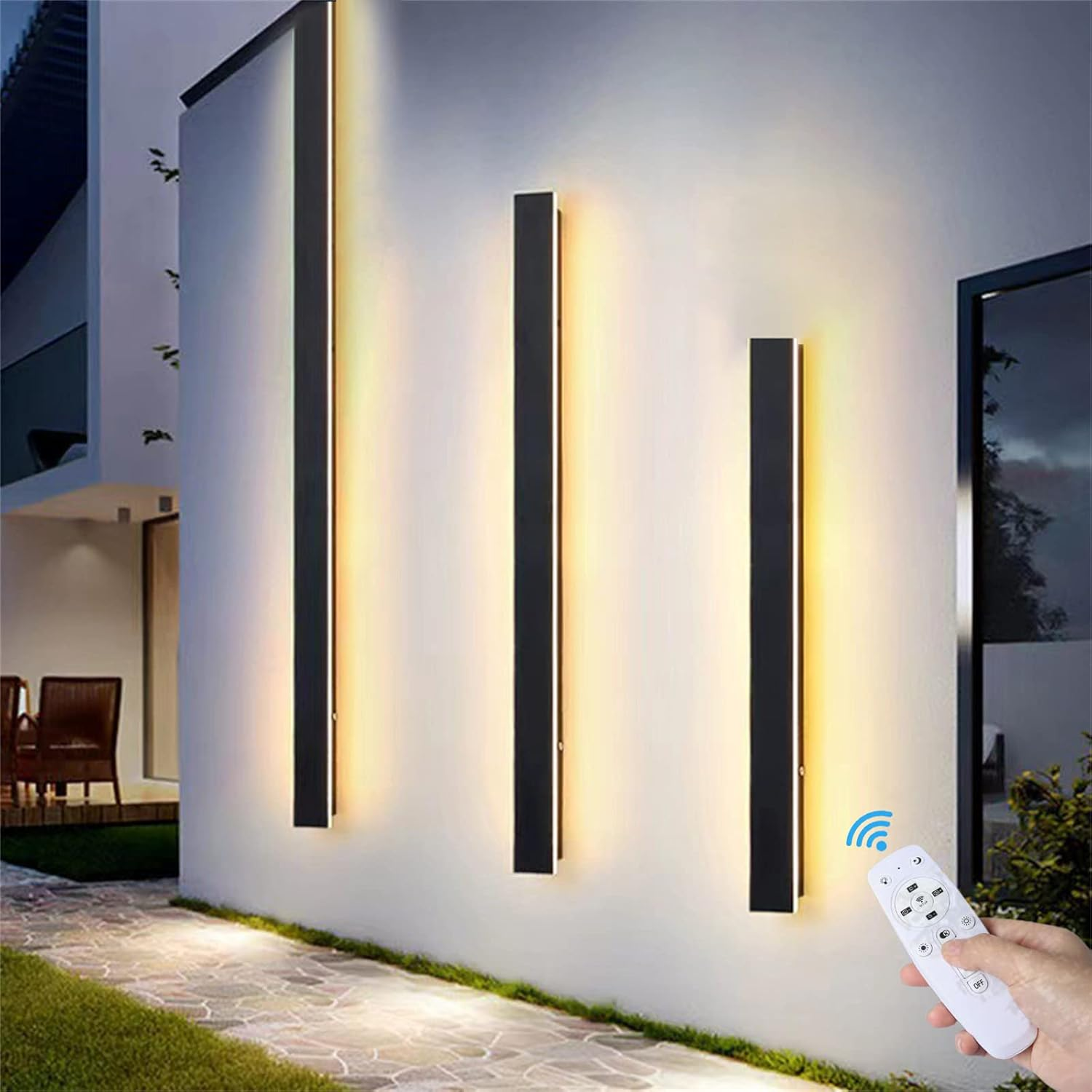 LED Outdoor Garden Wall Lights Lamp with Remote Control Dimmable Black Wall Sconce Long Strip outside Indoor Wall Lamp Aluminium IP65 Waterproof Exterior Patio Hallway Night Wall Lighting (150Cm 86W)