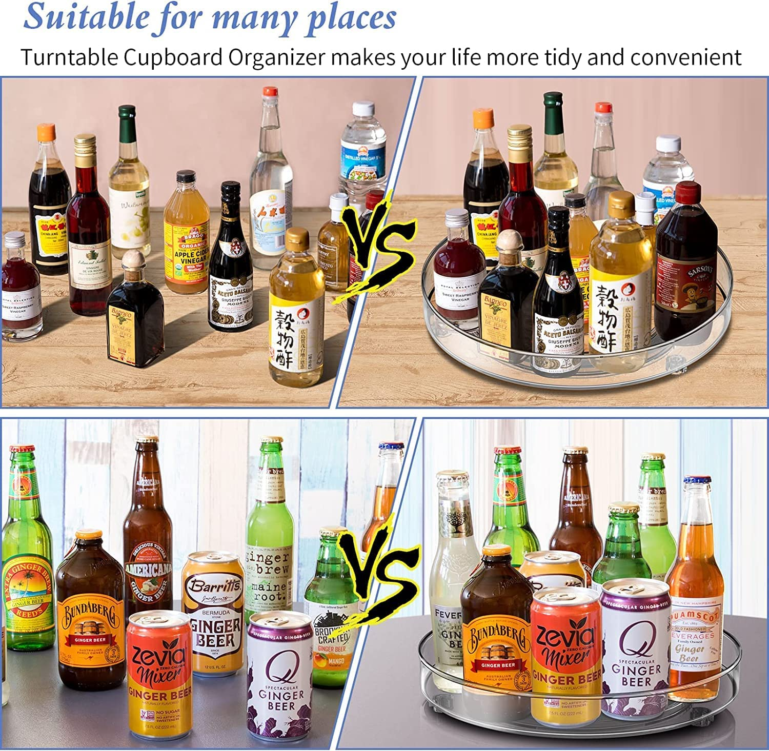 Nealie 2 Pack Lazy Susan Turntable Cupboard Organizer (27+23,5Cm), Rotatable Spice Rack Fridge, Clear Cupboard Condiment Spinning Tray, Multi-Functional Spice Rack for Kitchen Storage image number 5