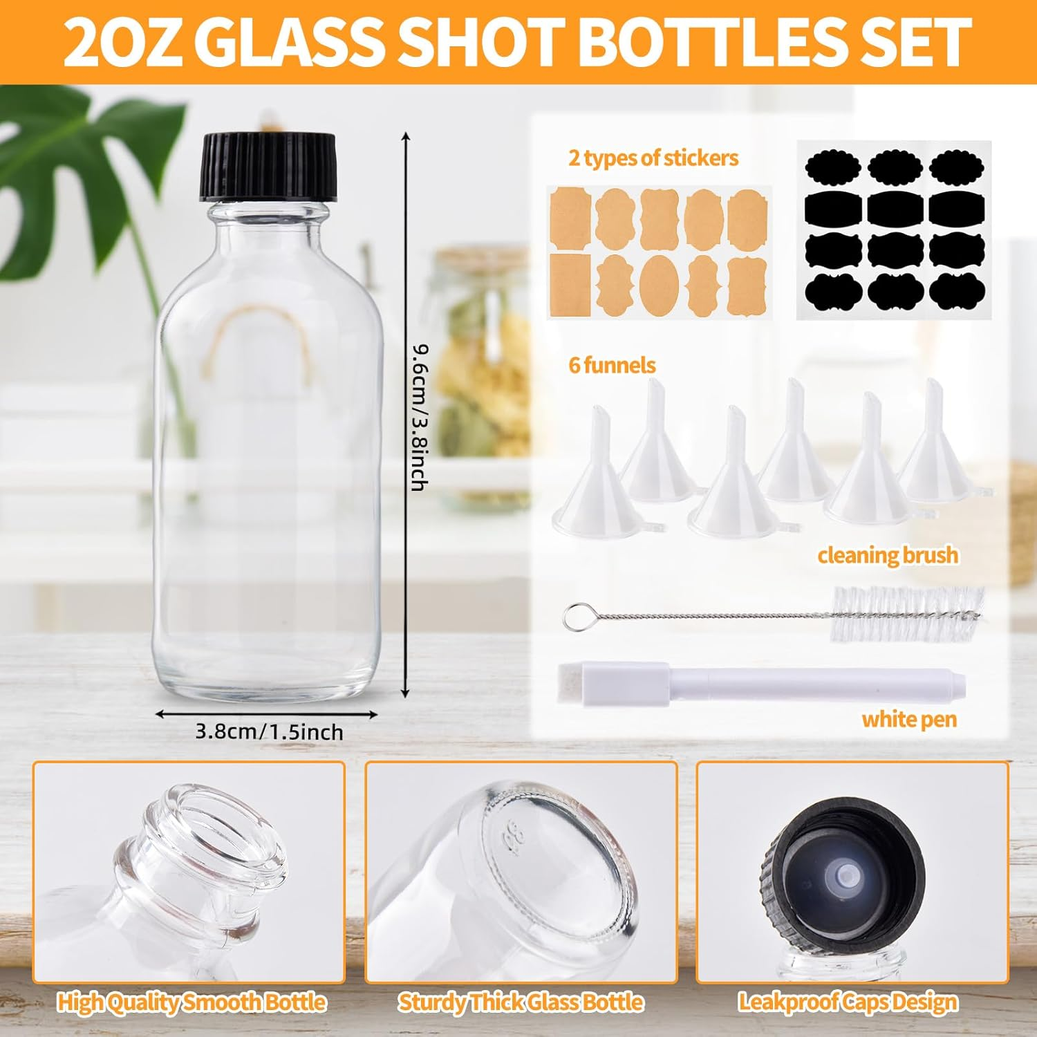 12 Pack 2Oz Small Clear Glass Bottles with Caps, 60Ml Glass Juice Bottles, Wellness Shot Bottles with Funnels, Stickers and Brush, Mini Liquor Bottles for Juice, Water, Ginger, Whiskey, Potion, Sample image number 1