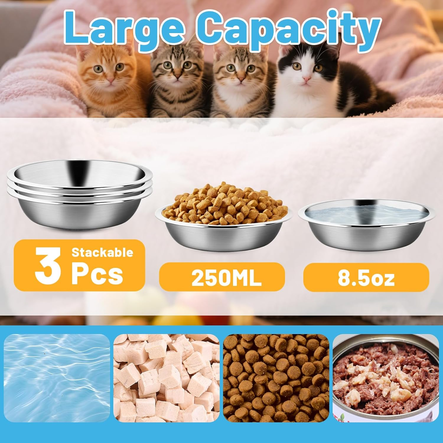 Elzle Stainless Steel Cat Bowls, 3 Pieces Metal Cat Bowl, Cat Bowl 5.5 Inch, Dishwasher Safe, Suitable for Cats, Small Animals with Short Nose image number 4