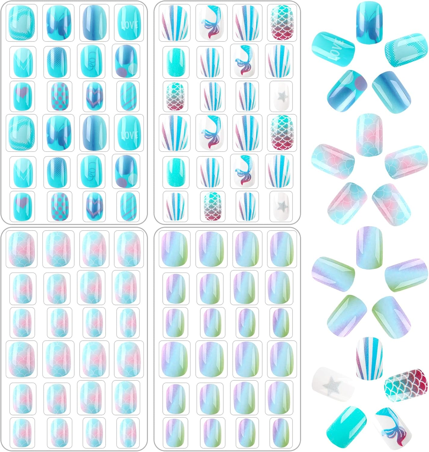 96 Pcs Kids False Nail Press on Nails Kids Full Cover Short False Nails Children Nail Tips Lovely Gift for Kids Little Girls Nail Art Decoration (Blue Theme) image number 2