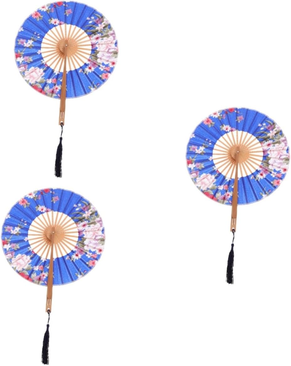 Amosfun 4Pcs Chinese Japanese round Folding Fan Handheld Vintage Bamboo Hand Fan for Women Wedding Party