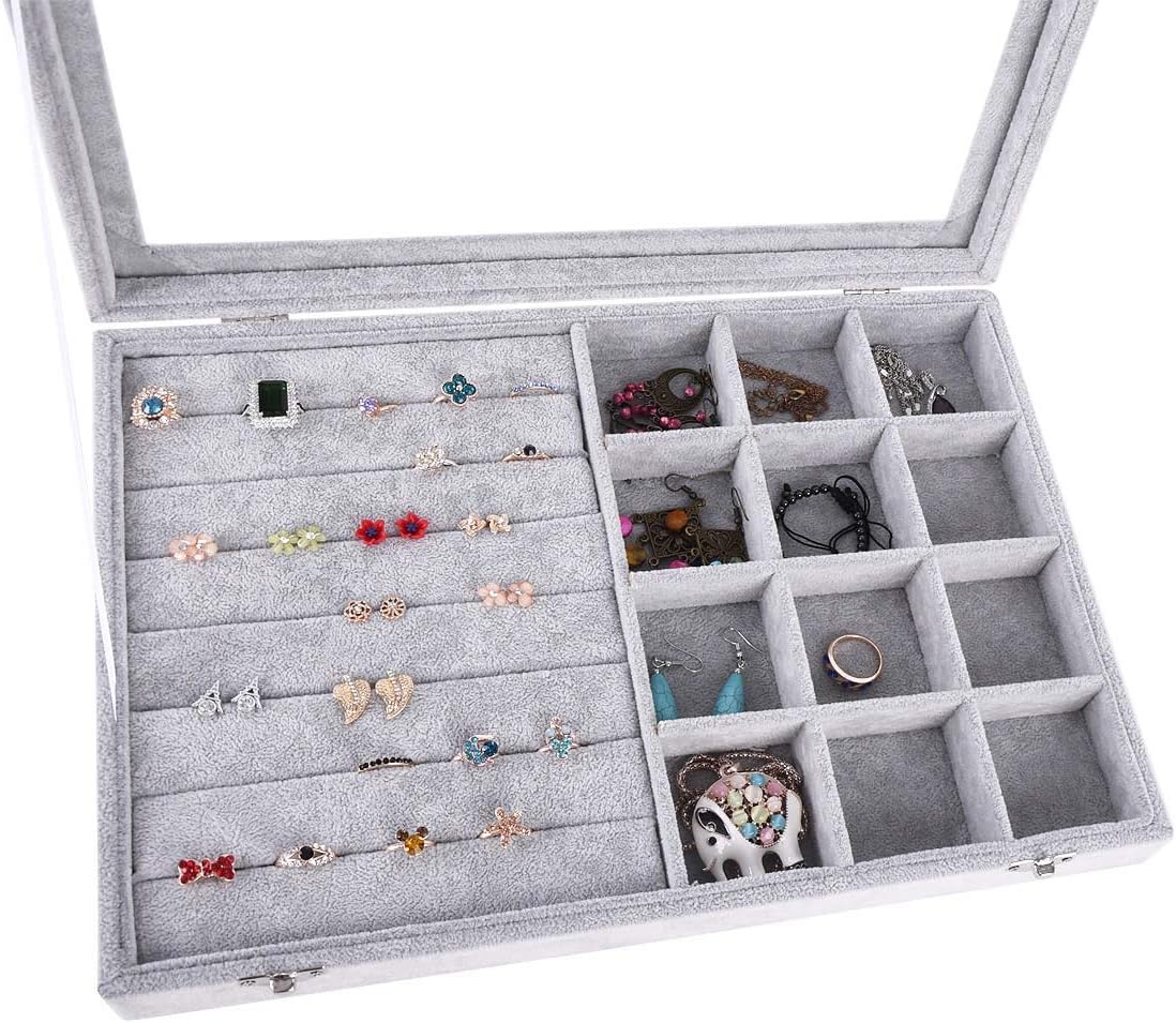 AUTOARK Ice Velvet Clear Lid 12 Grid Jewelry and 7 Slots Jewelry Rings Earrings Tray Showcase Display Organizer,Aj-026 image number 6