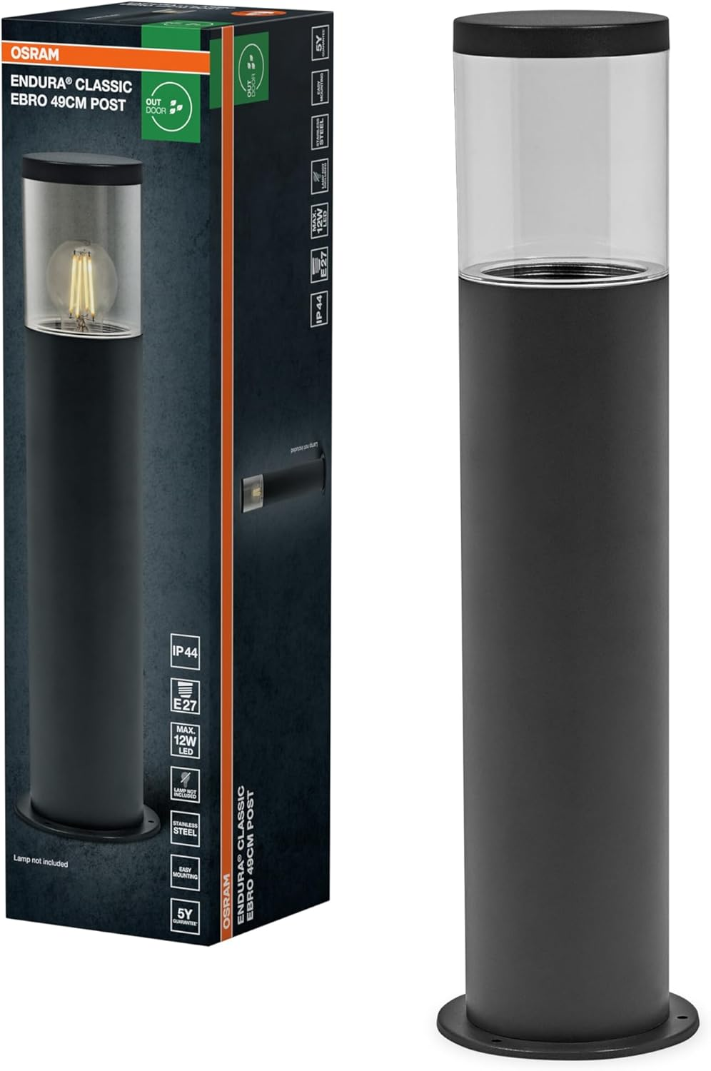 OSRAM Endura Classic Ebro Outdoor Light, Wall Light, Dark Grey, 49 Cm, Stainless Steel, Easy & Quick Installation, IP44 Protection Class, Stainless Steel Housing image number 1