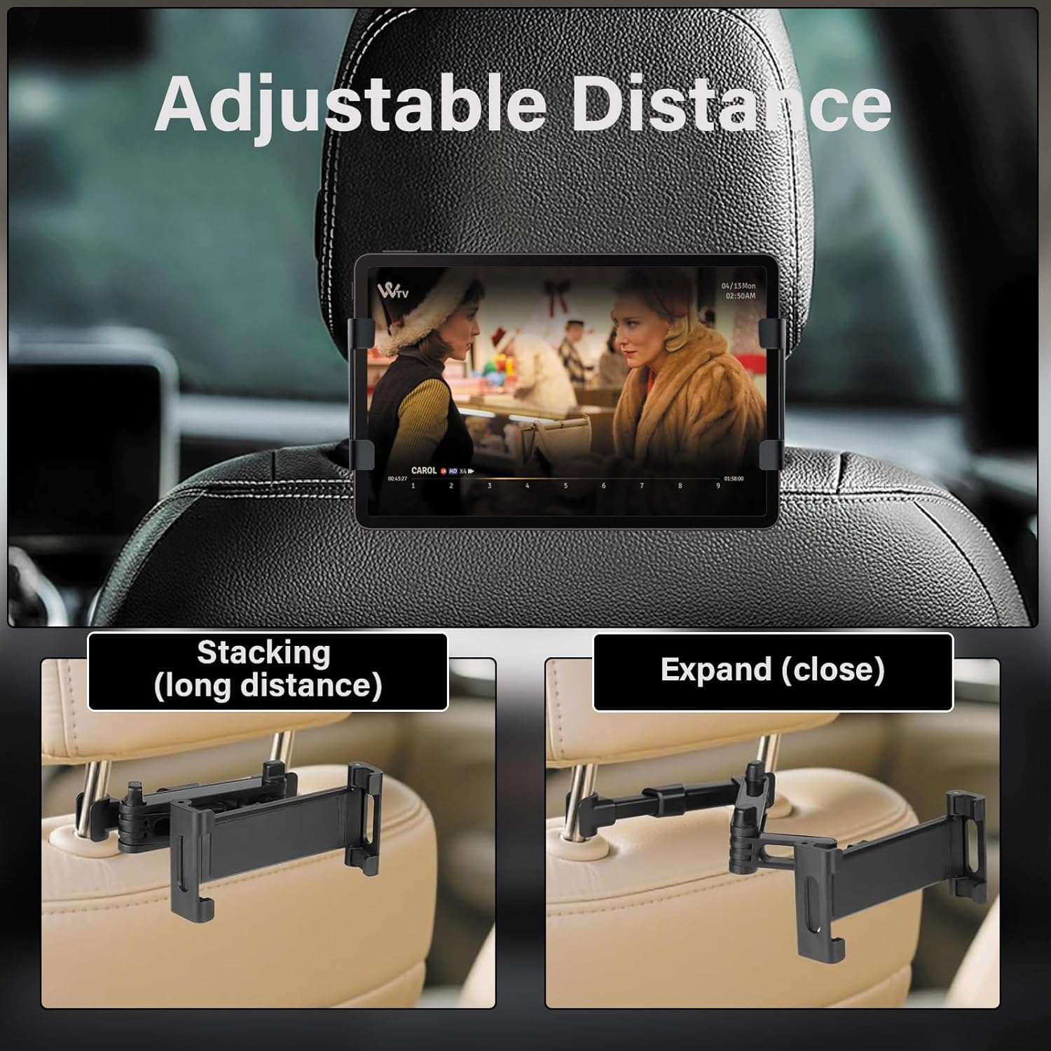 Car Headrest Tablet Holder, Ipad Car Mount Back Seat - 360&deg; Rotating Adjustable, Universal for 5-11" Tablets/Phones, Stretchable Fit for Ipad, Samsung, Phone, Backseat Headrest Mount (Black) image number 5