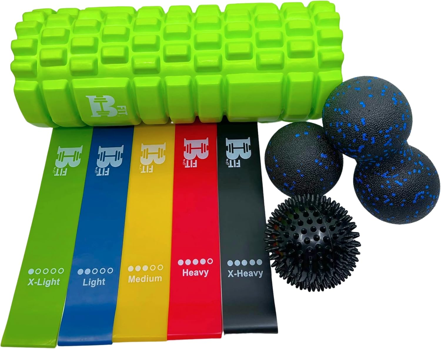 BFIT 9 in 1 Foam Roller Set Includes Massage Roller with 5 Loop Resistance Bands, Solid Massage Ball, Double Lacrosse Peanut and Spikey Trigger Point Ball for Pain, Legs, Yoga & Physical Therapy (Black)