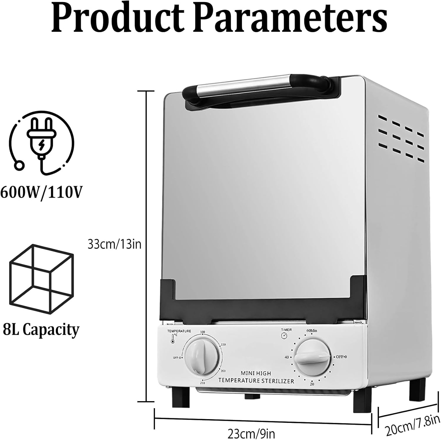 High Temperature Sterilizer, Large Capacity Dry Heat Stainless Steel Sterilizer with Temp and Timer Control, Max Timing 60Min, Max Temperature 250℃ (482℉), with Stainless Trays, 110V Power image number 5