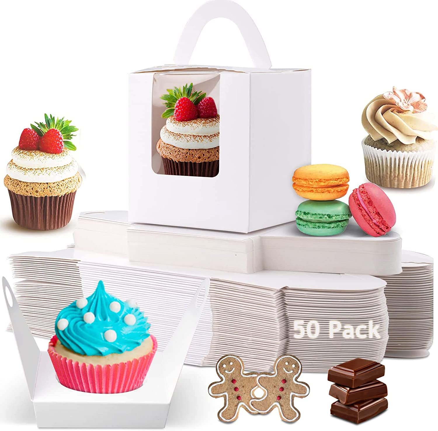 50 Pack Cupcake Boxes, White Individual Cupcake Containers Single Cupcake Boxes Cupcake Holder with Windows Handle and Inserts for Muffins Cocoa Bombs Packaging Baking Wrapping Birthdays Party image number 1