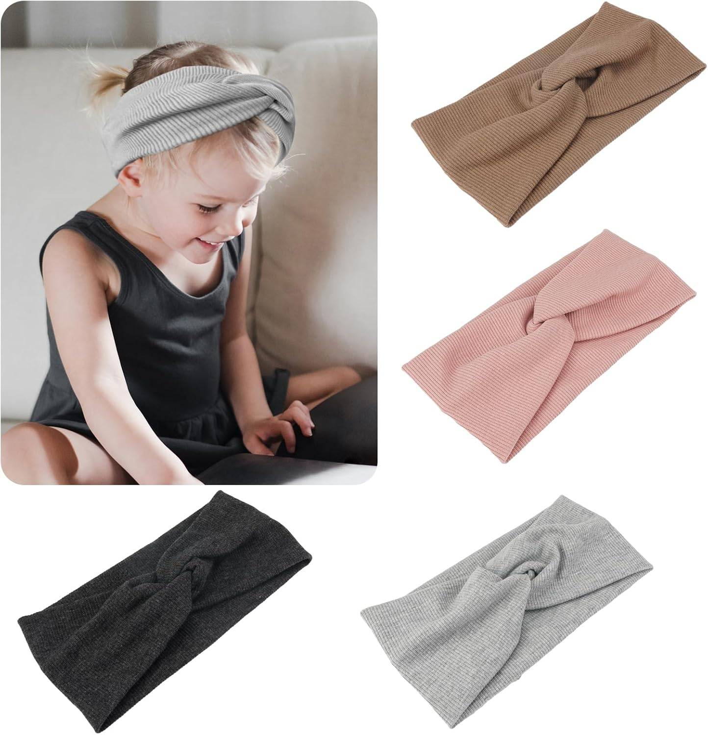 Cotton Headband Elastic for Autumn Winter Pack of 4 One Size for Women and Girls, Knitted Elastic Fleece, Headband Thin, Hair Band Knot, Warm Hair Bands, Wide image number 3