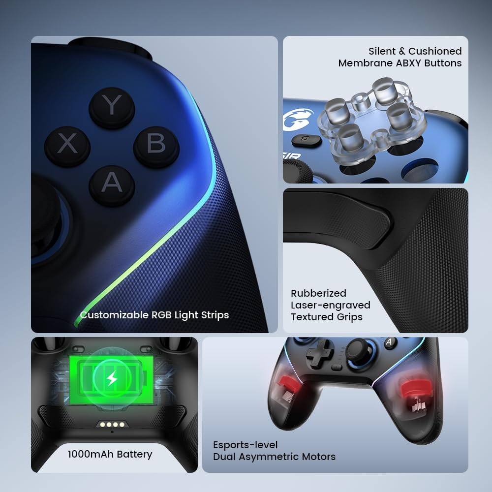Gamesir Super Nova Wireless Gaming Controller for Pc/Switch/Ios/Android, Hall Effect Stick & Trigger, Rubberized Grips, RGB Lighting, Swappable ABXY, Detachable Faceplate, 1000Mah with Charging Dock(Blue) image number 2
