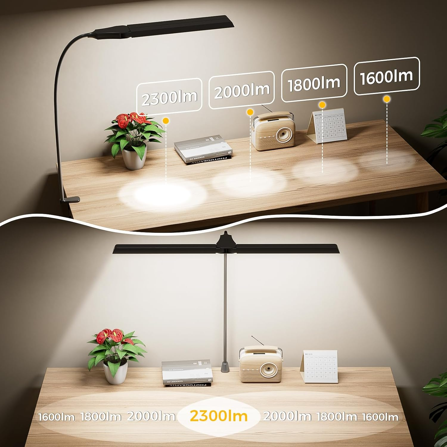 Quntis Desk Lamp for Home Office Study, 68CM Double Head Architect Desk Light with Clamp, 4 Colors & Brightness Dimmable Eye Care Table Lamp No Glare, Adjustable Gooseneck Task Lamp, Black image number 5