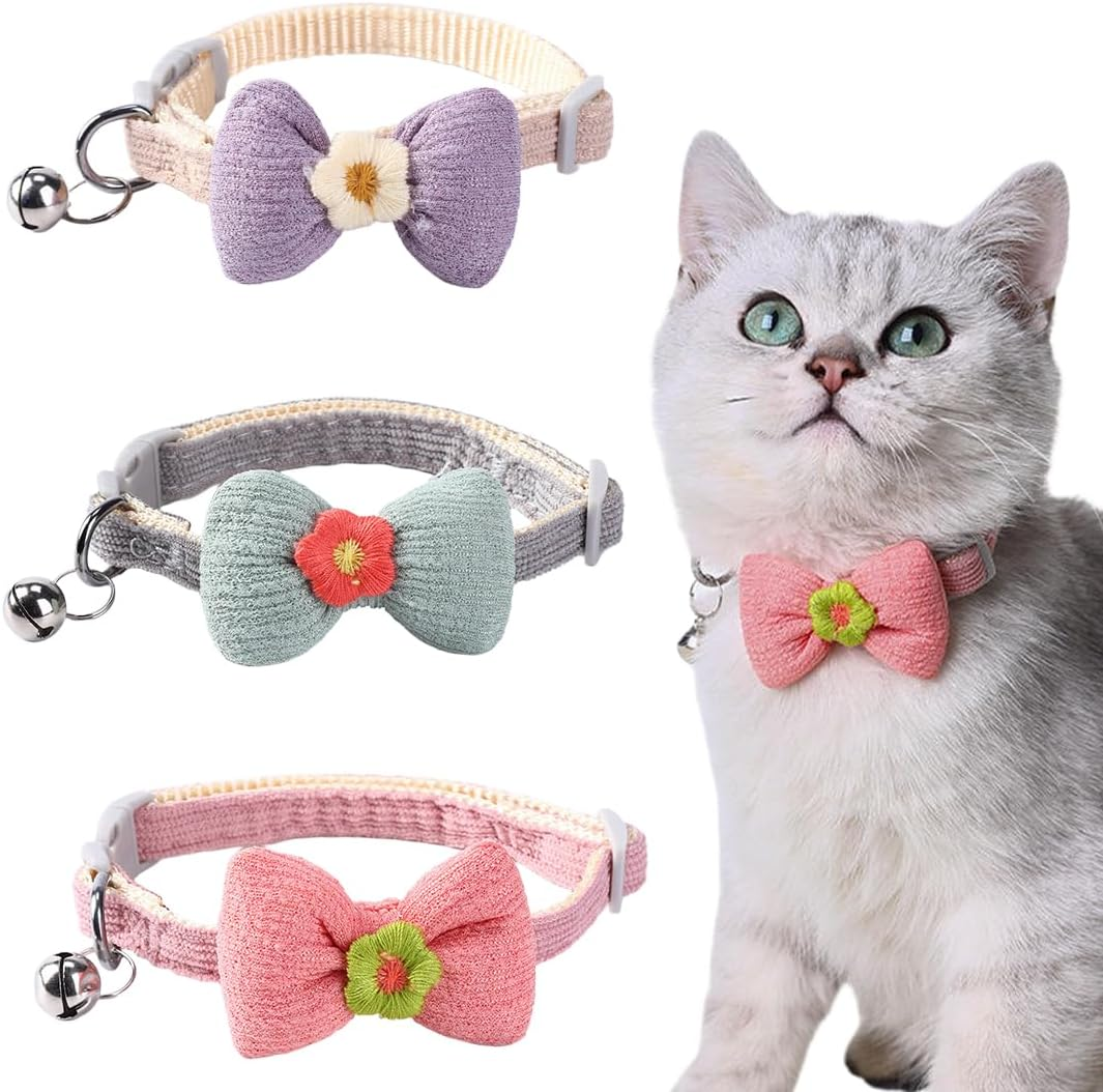 JEYORZY Pack of 3 Soft Cotton Cat Collar with Removable, Hand-Tied Bow, Kitten Collars with Quick Release and Bell, Collars Adjustable Cat Collar Cute Kitten Collar image number 3