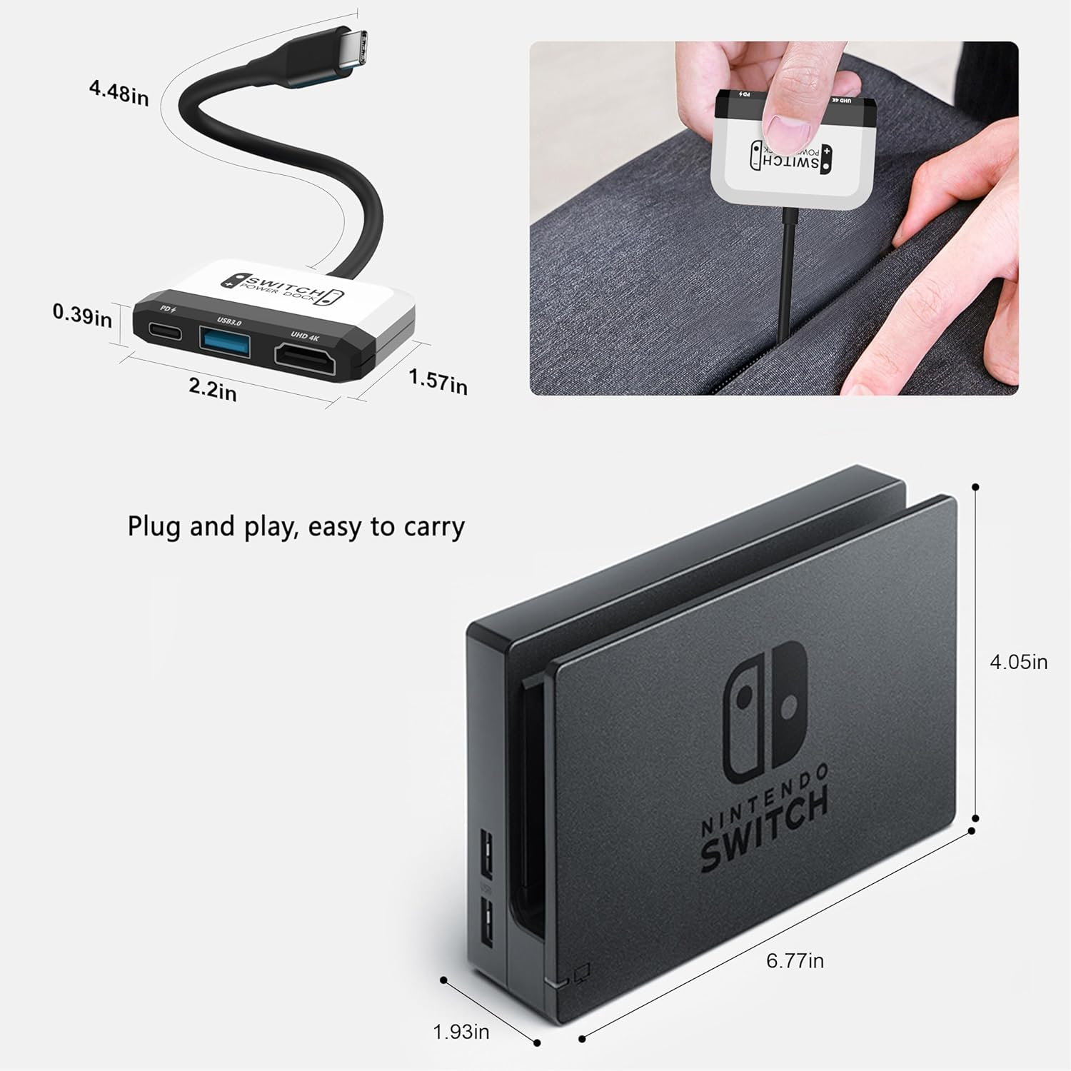 GKEAPZA Switch Dock for Nintendo Switch/Oled Switch,3-In-1 Portable TV Dock with 4K HDMI USB 3.0 Port USB C PD 100W Charging,Travel Docking Station Replacement for Switch (White) image number 3