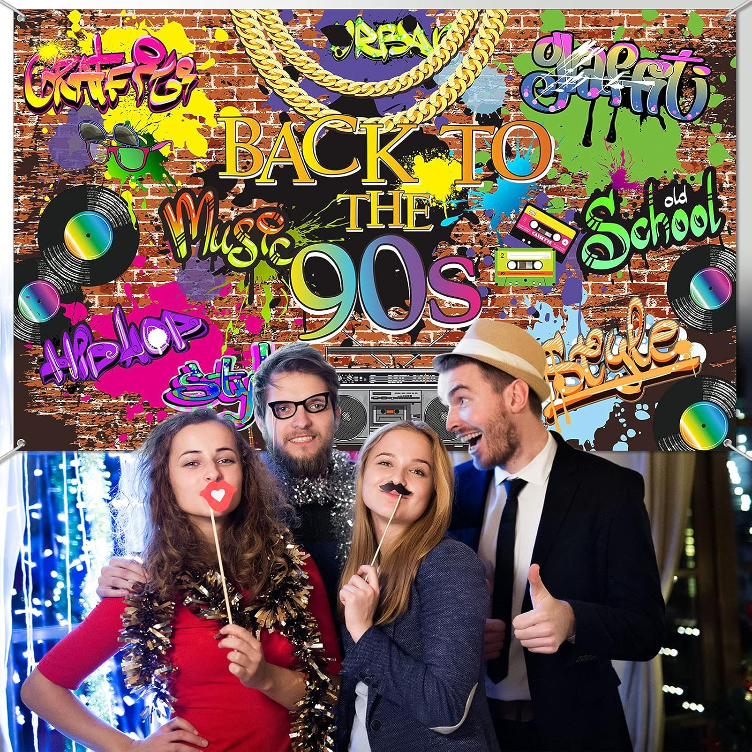 90'S Backdrop Hip Hop Graffiti 90S Party Decorations 5.9 X 3.6 Ft Back to the 90'S Themed Party Banner Brick Wall Retro Radio Photography Background Vinyl Fabric Wall Table Decors Photo Booth Props