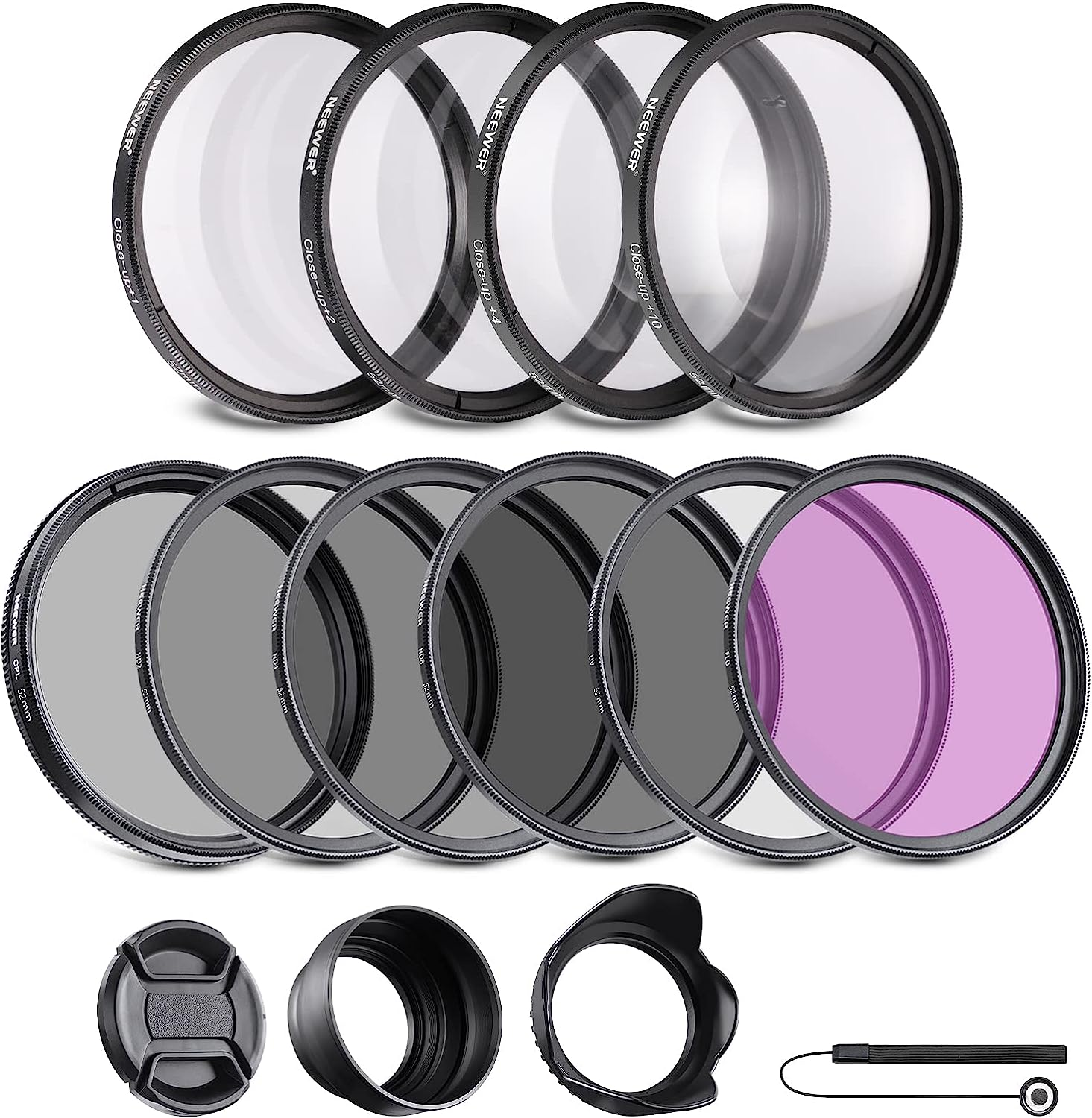NEEWER 52Mm Nd/Cpl/Uv/Fld/Close up Filter and Lens Accessories Kit with ND2 ND4 ND8, Close up Filters(+1/+2/+4/+10), Tulip Lens Hood, Collapsible Rubber Lens Hood, Lens Cap, Filter Pouch image number 3