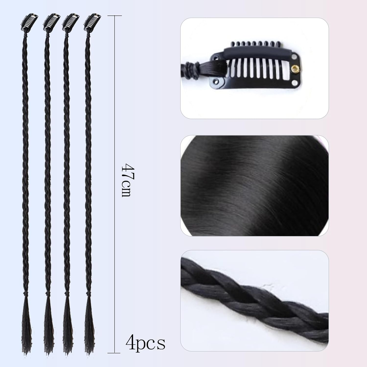 4 Pieces Clip-In Braid Hair Extensions, Synthetic Hairpieces, Dreadlock Extensions, Clip-In Braiding Hair Extensions, Black, for Women, Hip-Hop Style image number 1