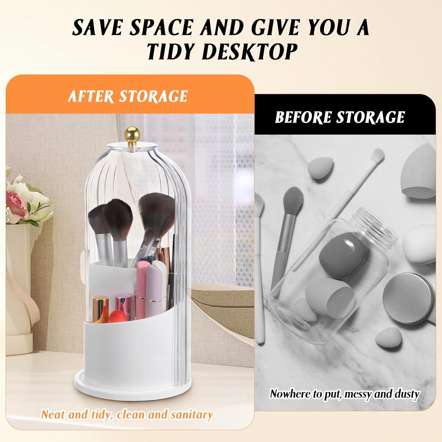 UKCOCO Rotating Makeup Brush Holder with Lid : Makeup Organizer for Vanity Dustproof Cosmetic Brush Organizer for Home Use, White, 9. 84 X 4. 92 X 4. 92 Inches