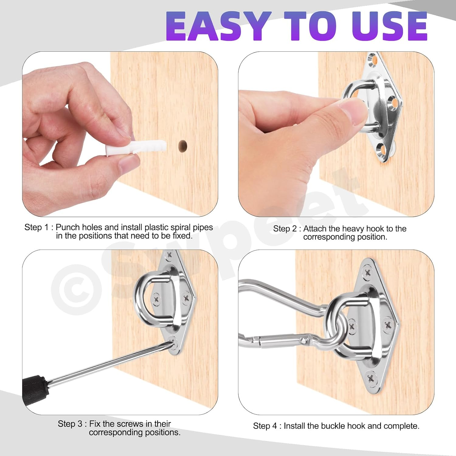 Swpeet 24 Pcs M8 Premium Heavy Duty Oval Stainless Steel Screw Hooks Kit with Pad Eye Hooks, Snap Hooks, Screws with Plastic Expansion Tube, Ceiling Hooks for Outdoor Indoor Activity image number 4