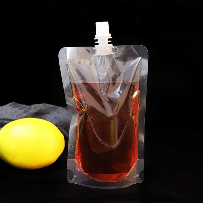 AIMALL 20-Pack Transparent 250ML Plastic Flask Pouches with Spout | Leak-Proof & Durable Beverage Bags with Caps | Ideal for Alcohol, Juices, and Liquids at Events image number 3