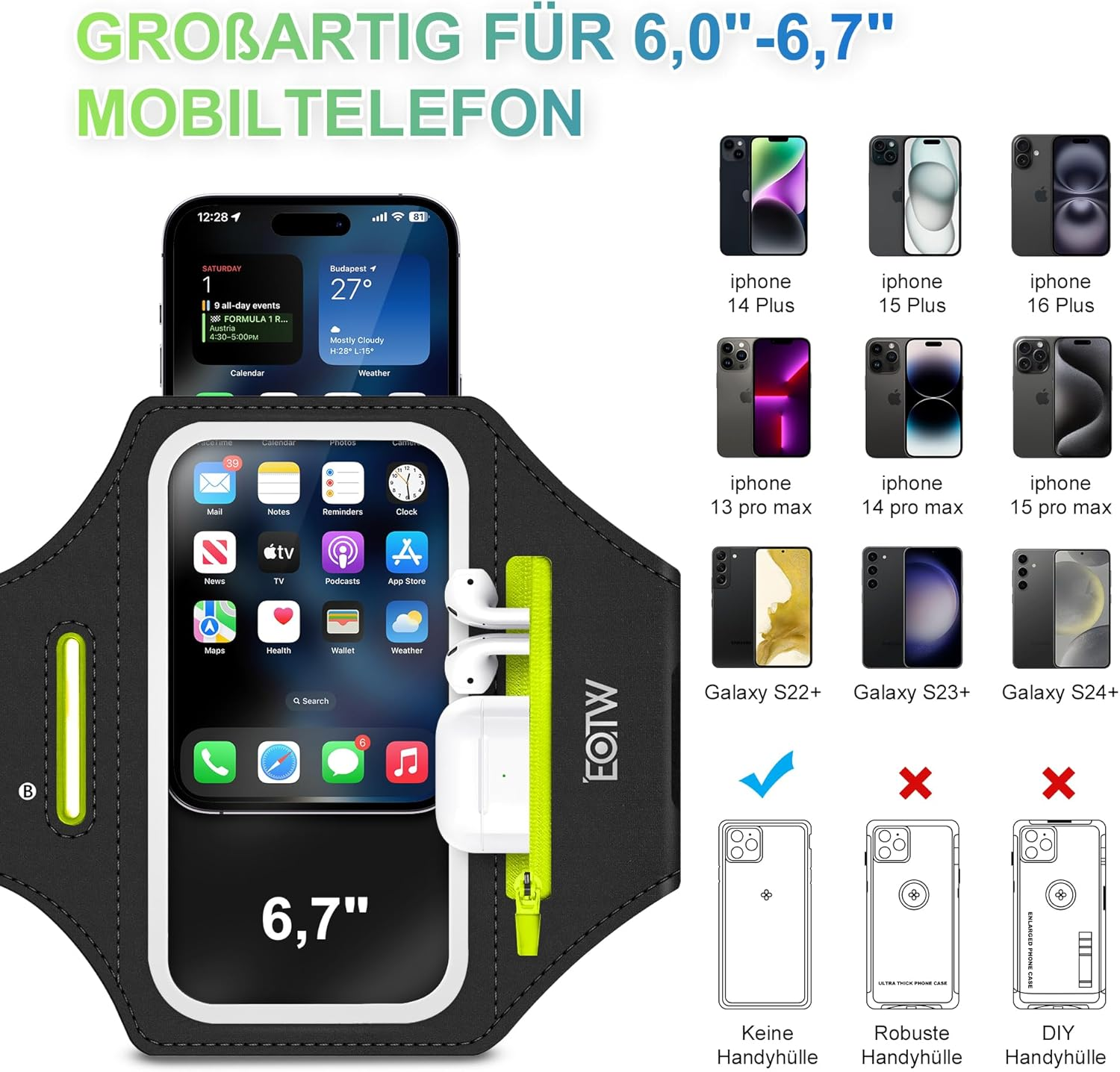 EOTW Universal Sports Armband Mobile Phone Holder Arm with Airpods Case for MP3 Player/Iphone 16/15/14/13 Pro Max Galaxy S24+/S23+/S22/S21 (6.0 Inches ~ 6.7 Inches) image number 3