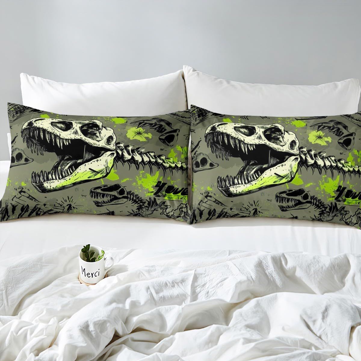 Homewish Dinosaur Duvet Cover Set, Gothic Dino Skull Comforter Cover, Jungle Animal, 135 X 200 Cm Bed Linen Set, Dinosaurios Skeleton Bed Set, Wildlife Room Decor