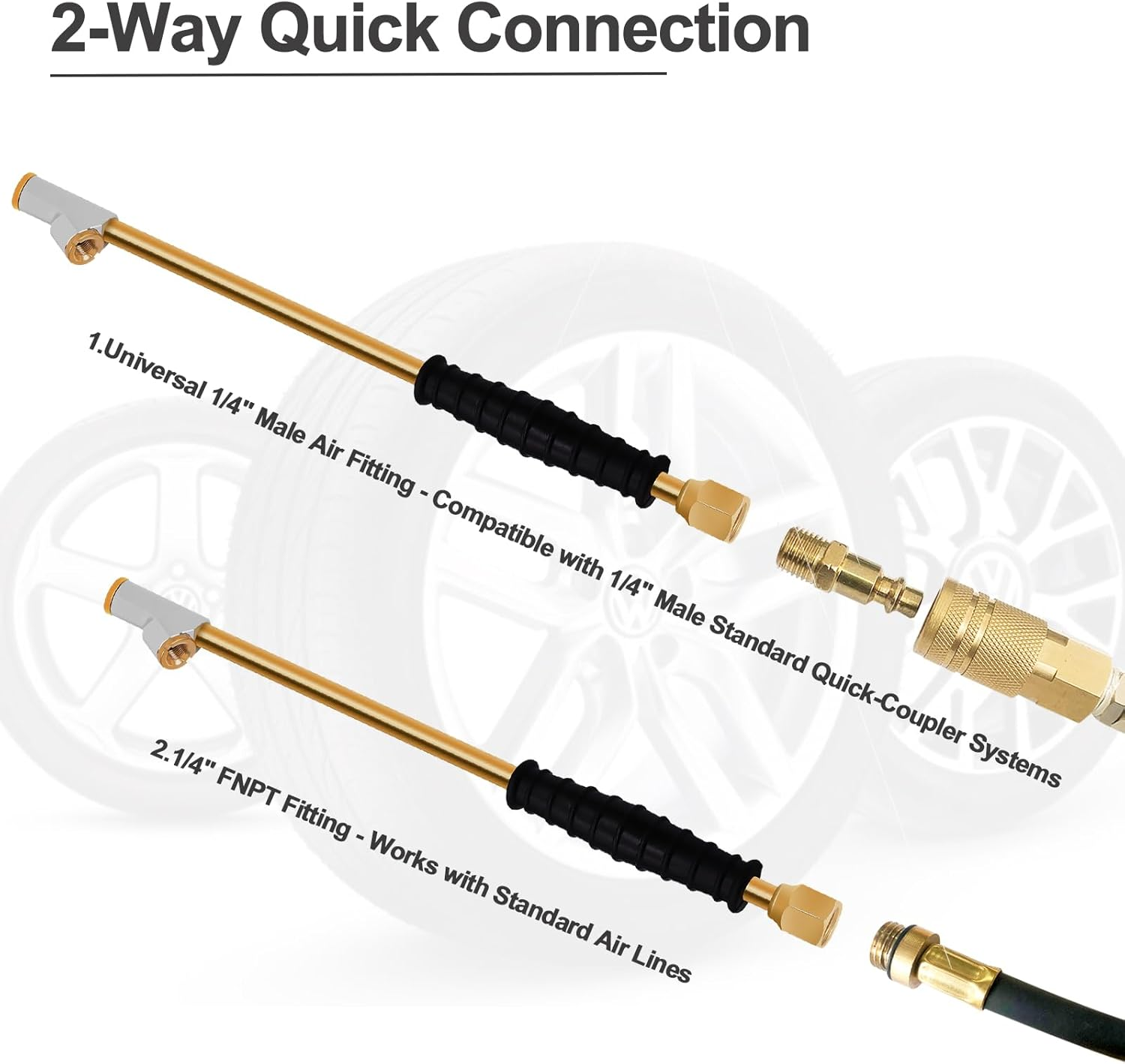 GODESON 1/4" FNPT Extended Reach Dual Head Air Chuck, 2-Way Connection 11.8" Extended Brass Air Chuck with Rubber Handle,Tire Chuck with Quick Plug for Semi, RV, Truck Dually Tires