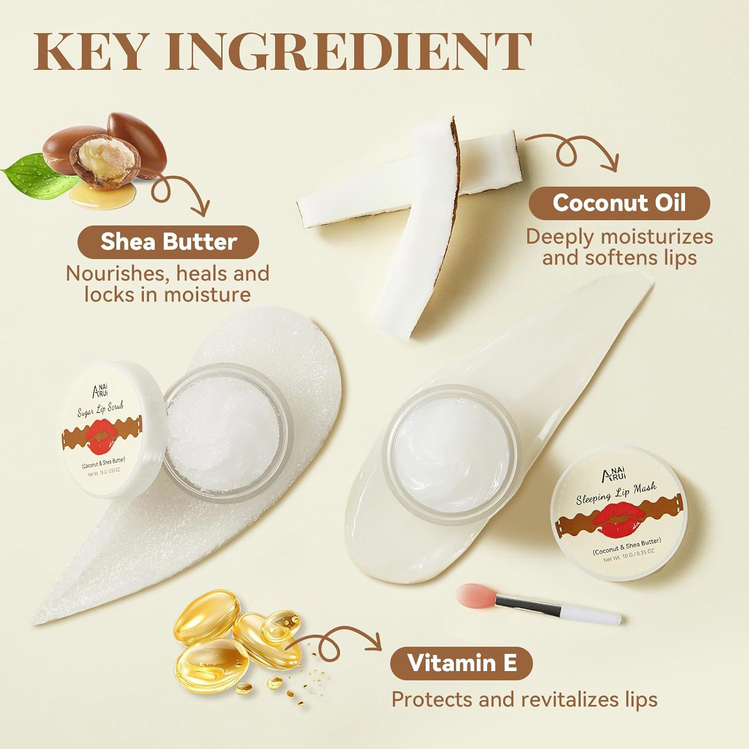 ANAI RUI Lip Scrub & Lip Mask Set with Shea Butter, Lip Scrubber Exfoliator Enriched with Vitamin E, Sugar Scrub for Dry Lips, Hydrating Lip Mask for Overnight Use, Gift Set for Women and Girls (Coconut) image number 4