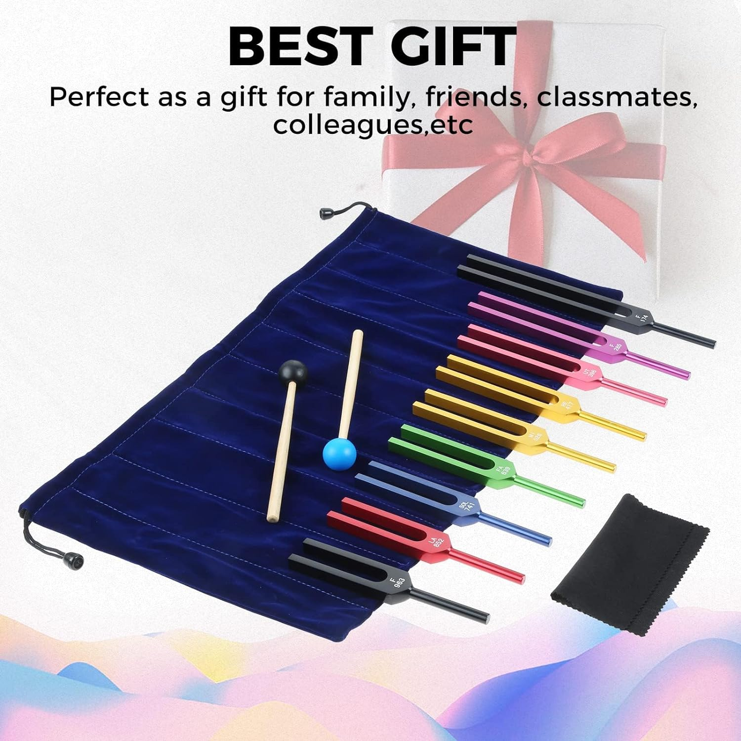 Solfeggio Tuning Fork Set for Healing, Vibration, Sound Therapy, 9 PCS Color Tuning Forks for with 2 PCS Silicone Hammers, Storage Bag(174Hz, 285Hz, 396Hz, 417Hz, 528Hz, 639Hz, 741Hz, 852Hz, 963Hz)