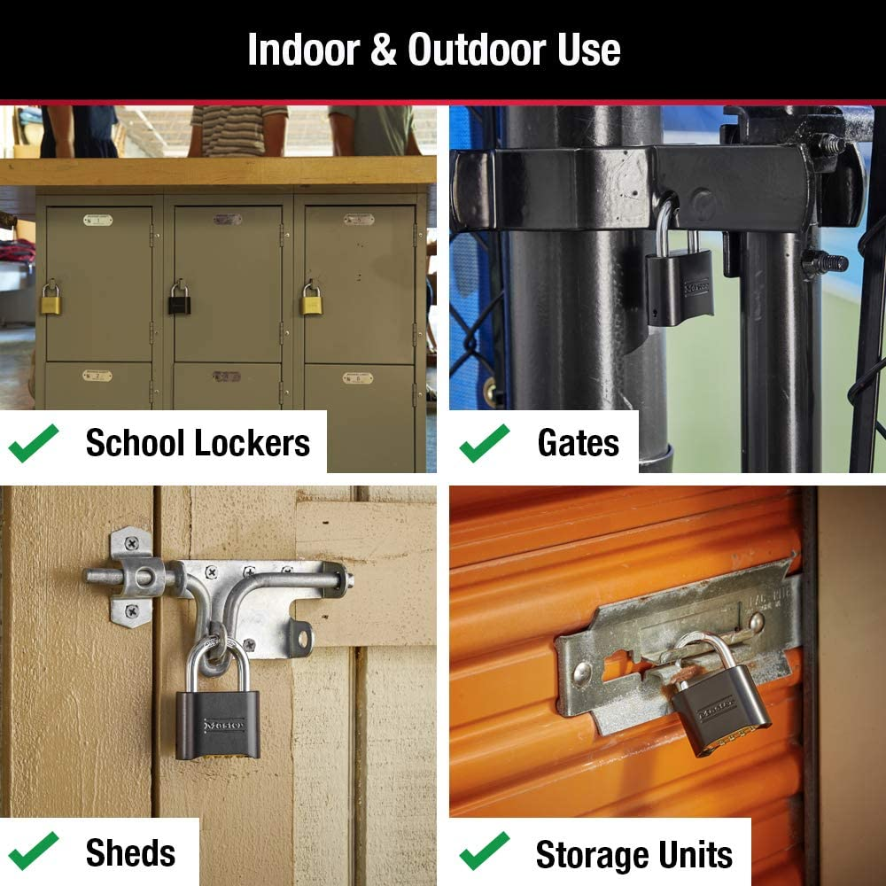 Master Lock Black Combination Lock, Customizable Combo Padlock, Indoor and Outdoor Weather Resistant Lock with Resettable Code for Gates, Lockers, 4 Pack, 178EC4 image number 6