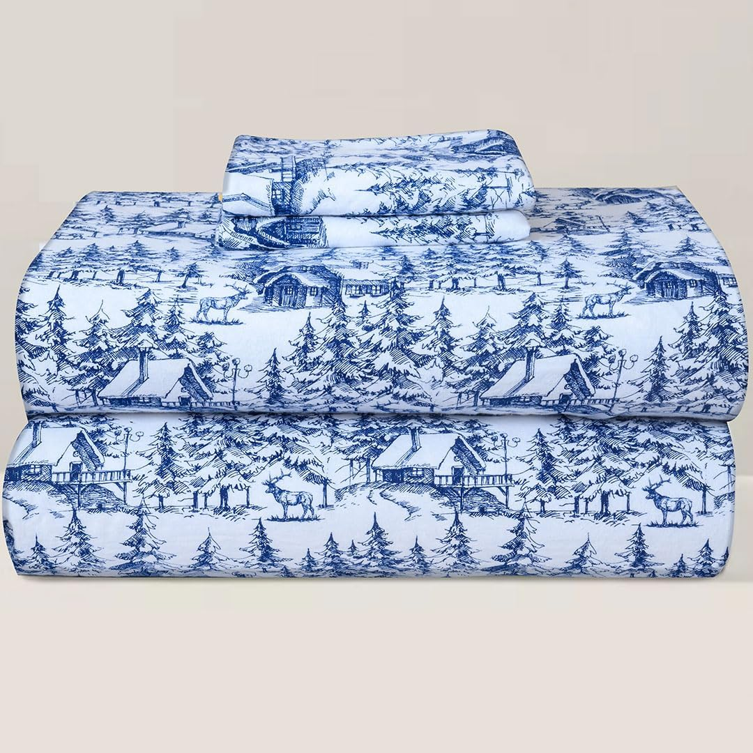 Briarwood Home&reg; Printed Flannel Sheet Set, 100% Organic Cotton, Six-Fold Brushed, Super Soft, Warm, Deep Pocket Bedding with Nanotech Infuse for Enhanced Lasting Strength (Blue Plaid, Queen)