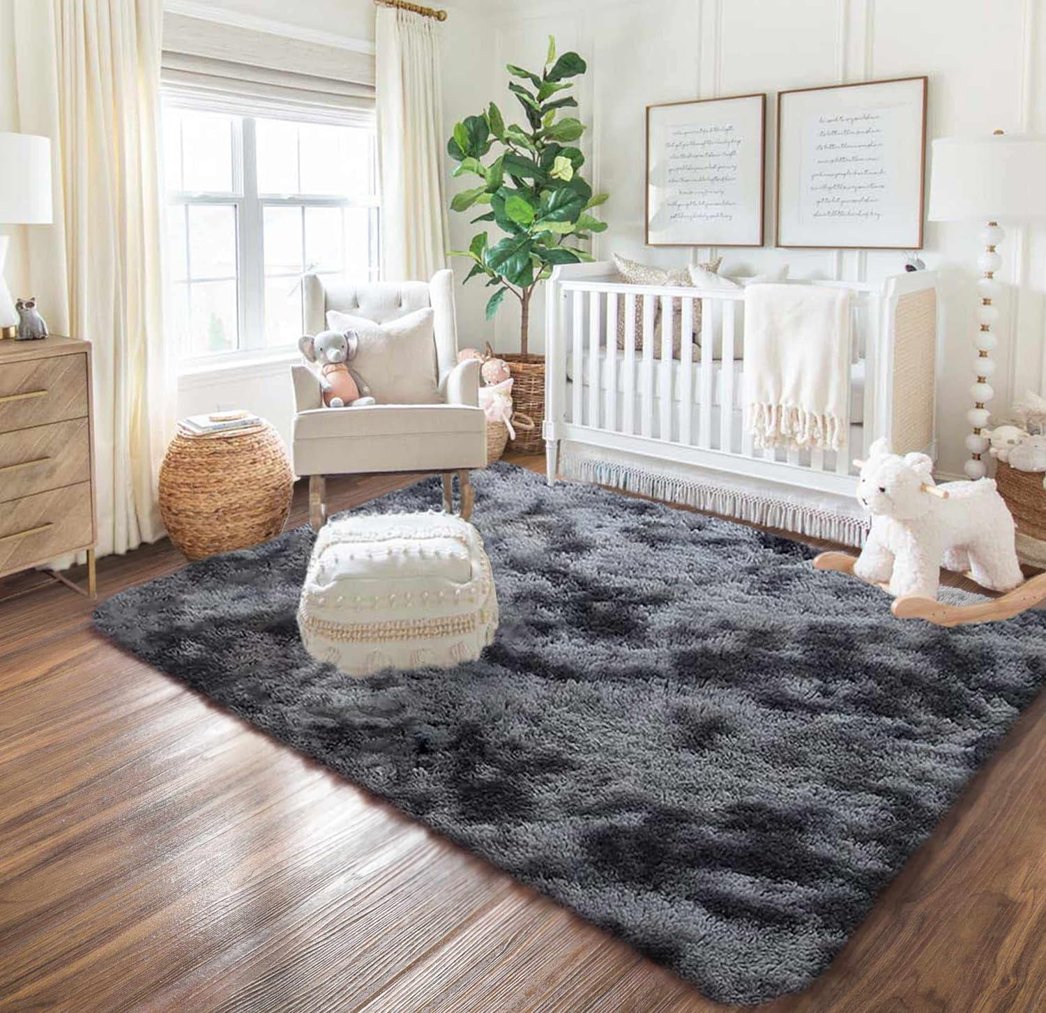 Area Rugs Soft Shaggy Comfy and Fluffy Rug for Living Room Bedroom Kids Room Nursery Modern Carpet Indoor Floor Mat Anti-Skid Rugs Home Decor (Black Grey,120X160Cm) image number 3