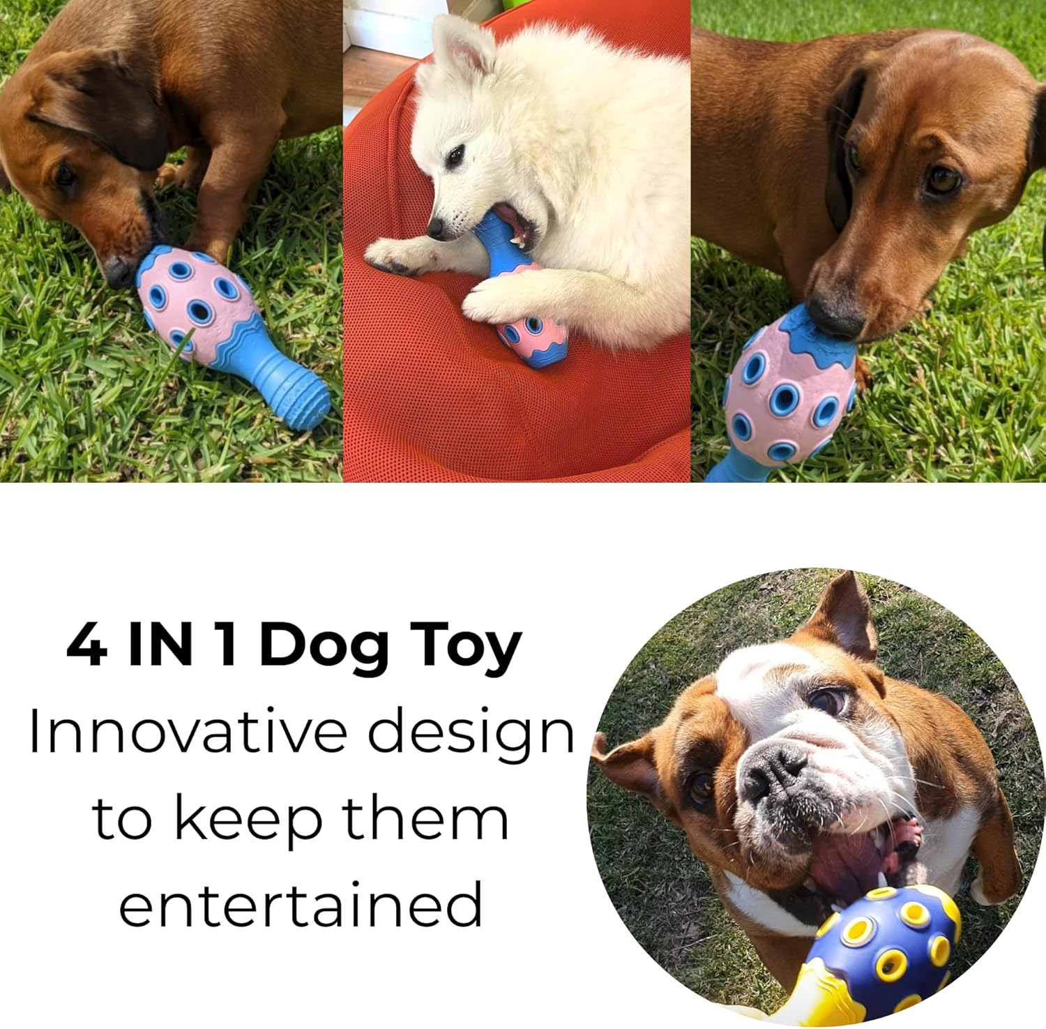 Tuggy Dog Chew Toy,Tough Durable, Bowling Pin Interactive Dog Toys, Food & Treat Puzzle Slow Feeder Dispenser, IQ Mental Stimulation & Enrichment, Small Meduium Large Breed (Yellow/Navy) - Pink/Blue image number 7
