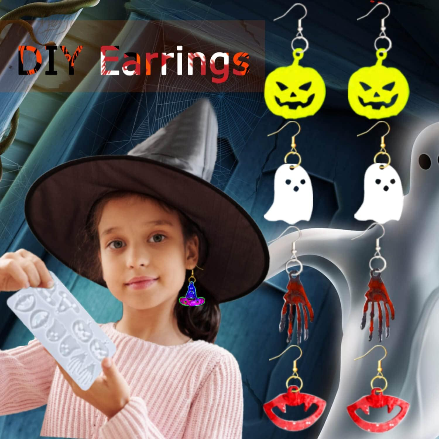 Rifanda 82 PCS Halloween Earring Pendant Resin Molds with Hole, 10 Pairs Halloween Silicone Molds with 40 Earring Hooks Skull Pumpkin Bat Spider Epoxy Resin Jewelry Keychains image number 6