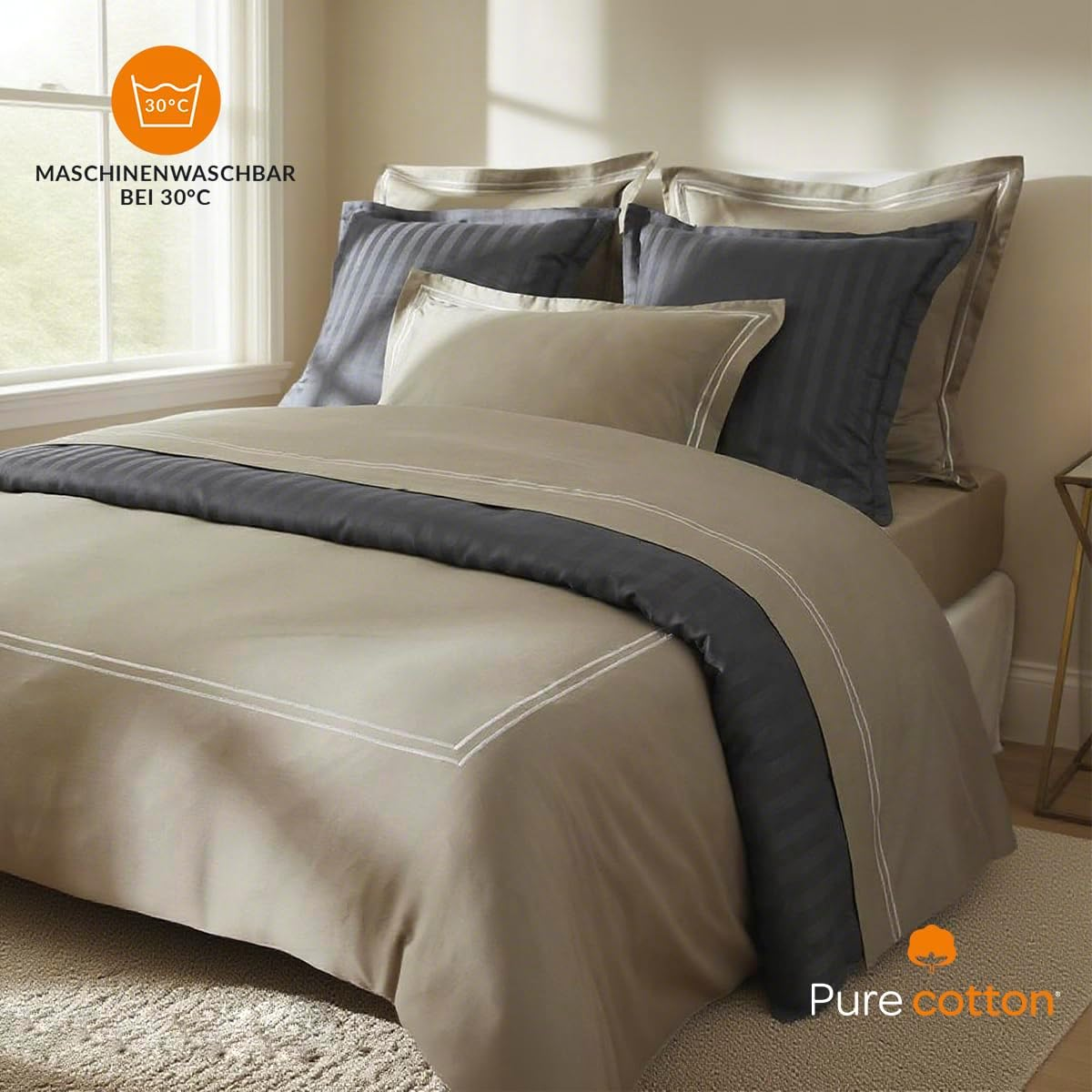 Pure Cotton 3-Piece Double Bedding Set - Duvet Cover 260 X 240 Cm & 2 Pillowcases 63 X 63 Cm - 100% Cotton Satin, 80 Thread Count, 120 GSM - Oeko-Tex Certified - Silhouette - White/Taupe image number 4